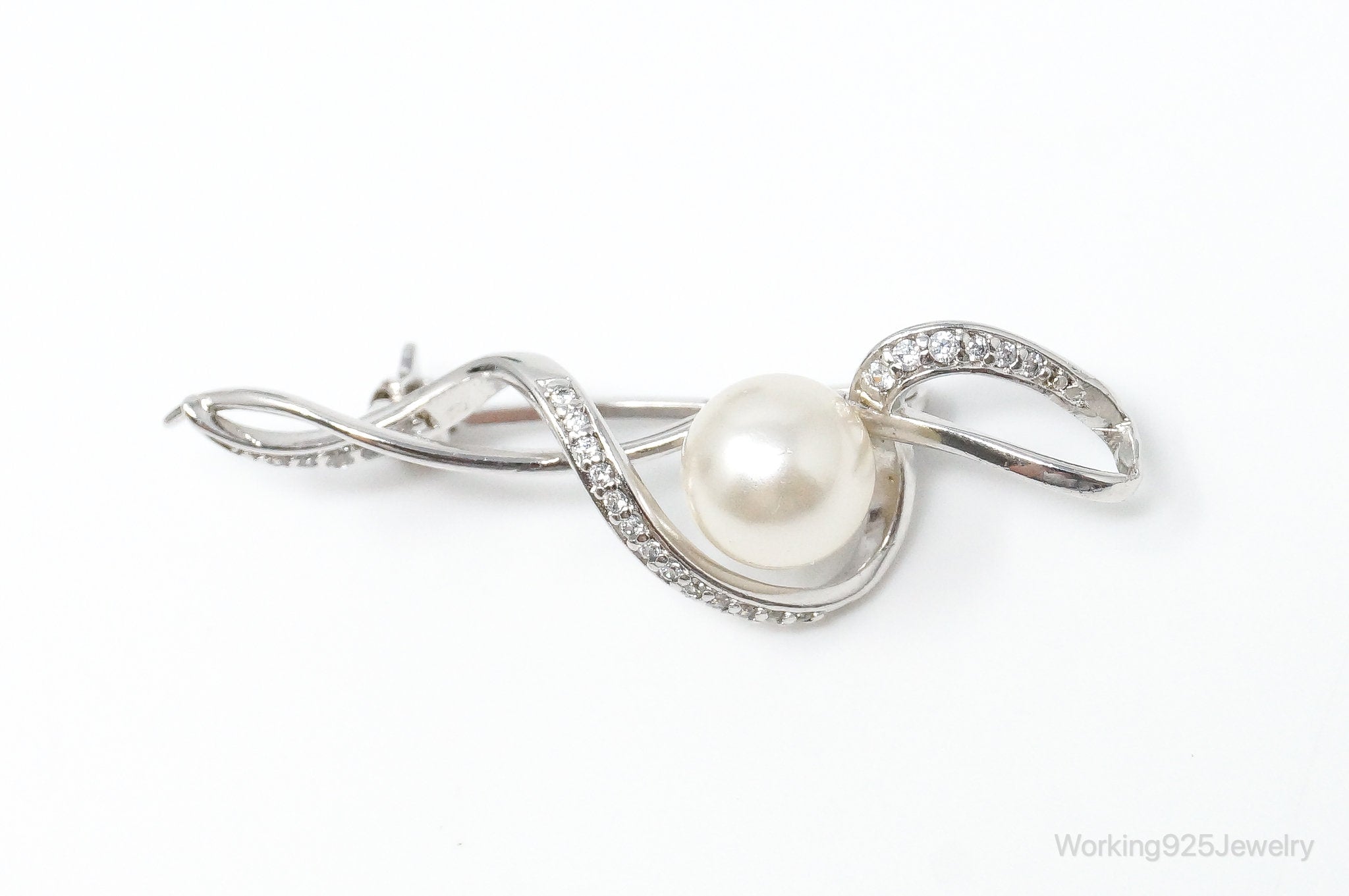 Vintage Pearl Cubic Zirconia Sterling Silver Brooch Pin