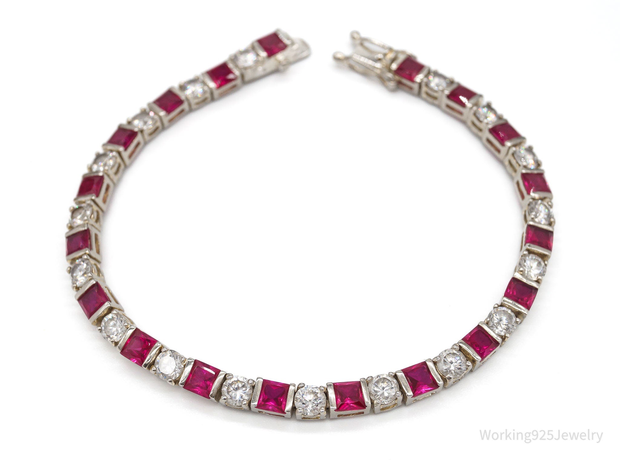 Vintage Ruby Cubic Zirconia Sterling Silver Tennis Bracelet