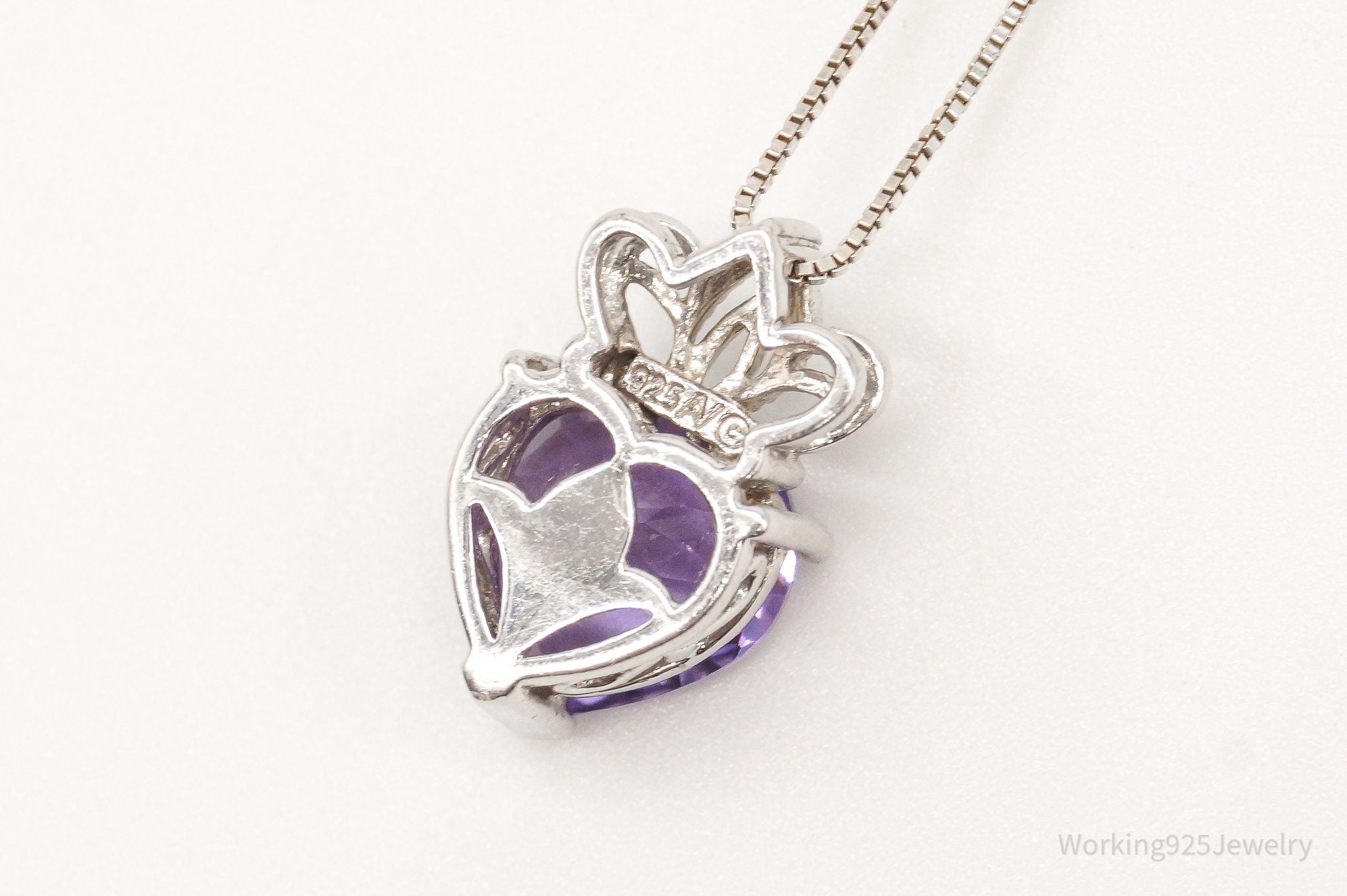 Vintage Purple Cubic Zirconia Crowned Heart Sterling Silver Necklace