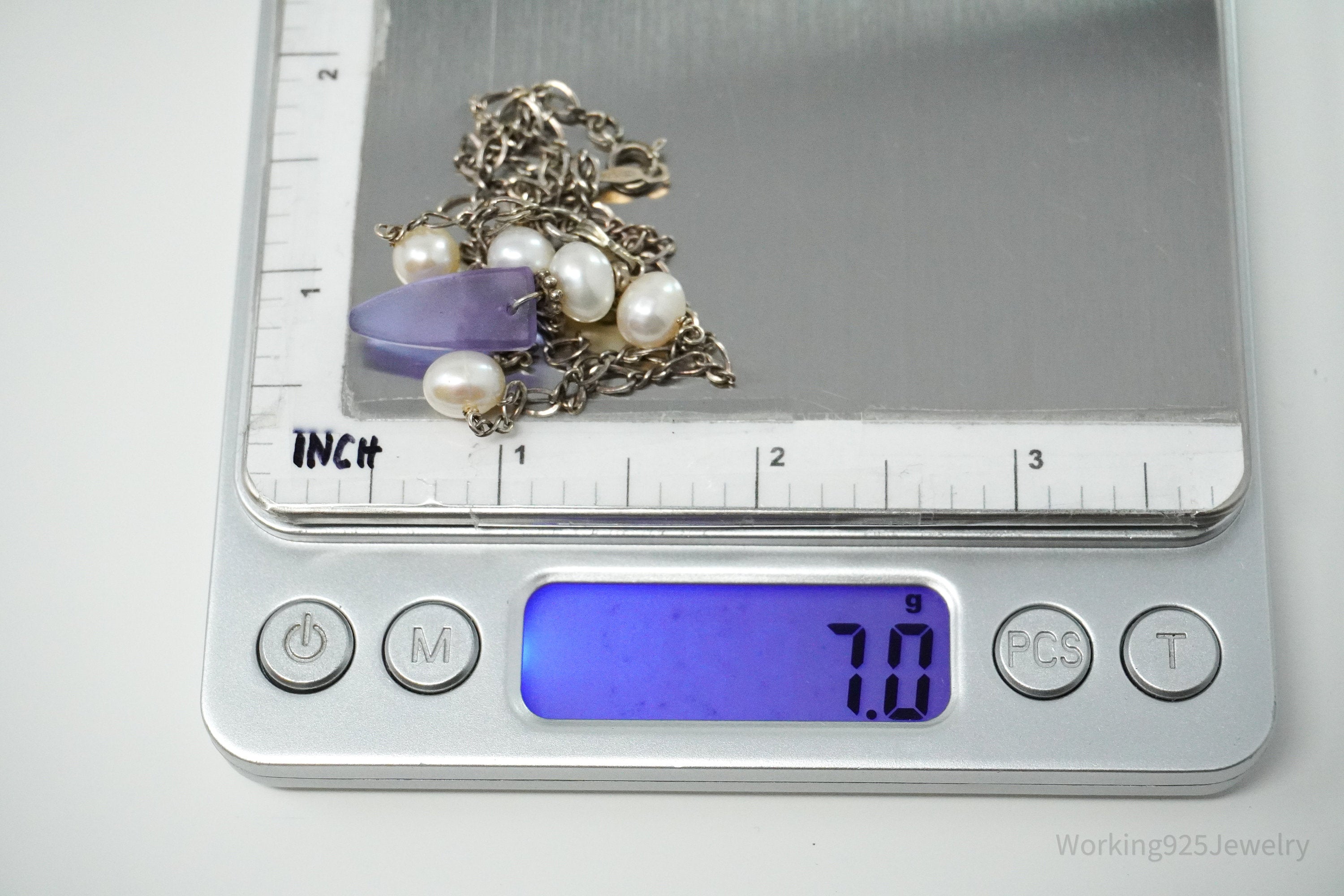 Vintage Pearl & Purple Stone Sterling Silver Necklace 18"