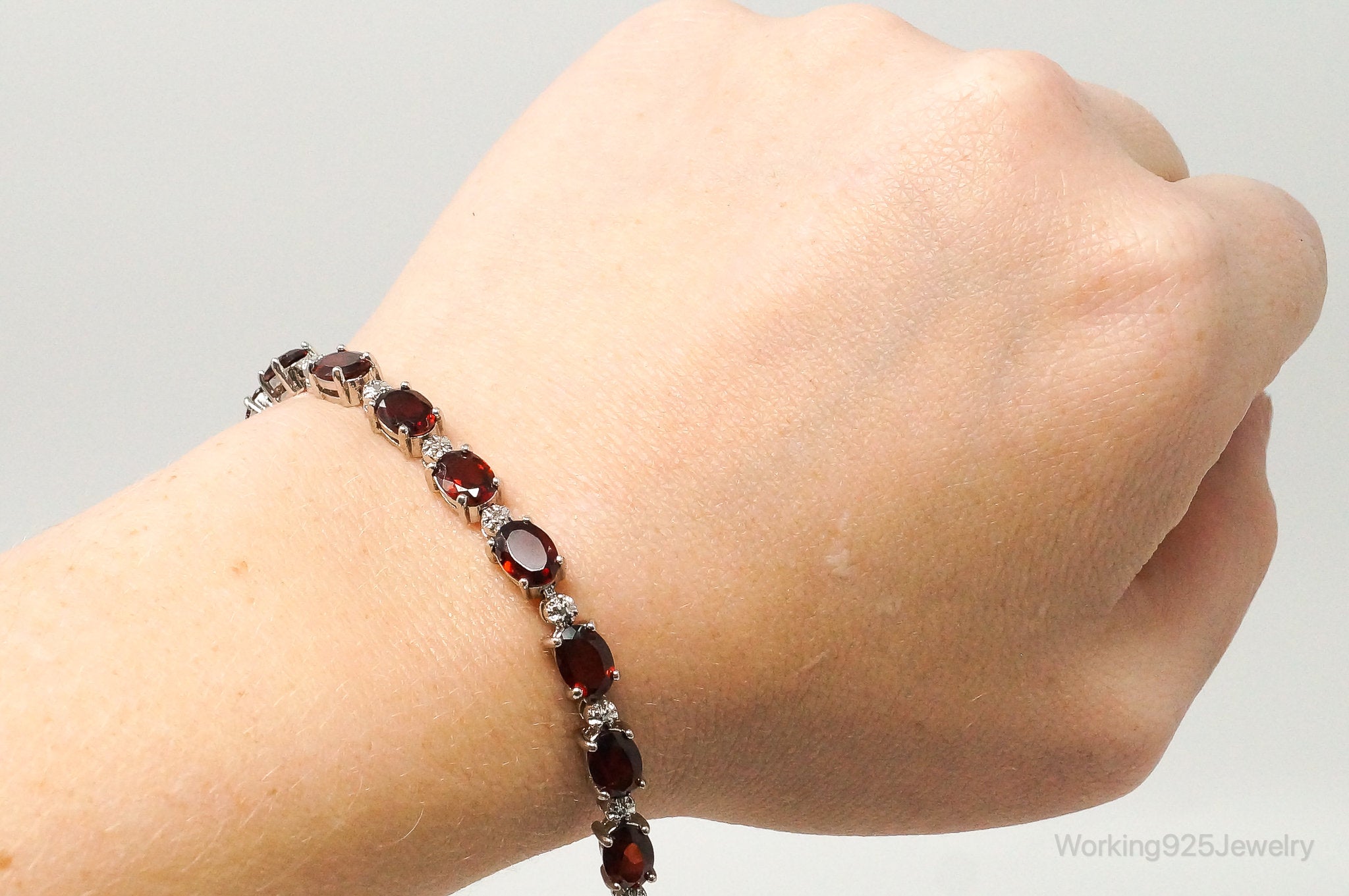 Vintage Red Garnet 2 Diamond Sterling Silver Bracelet