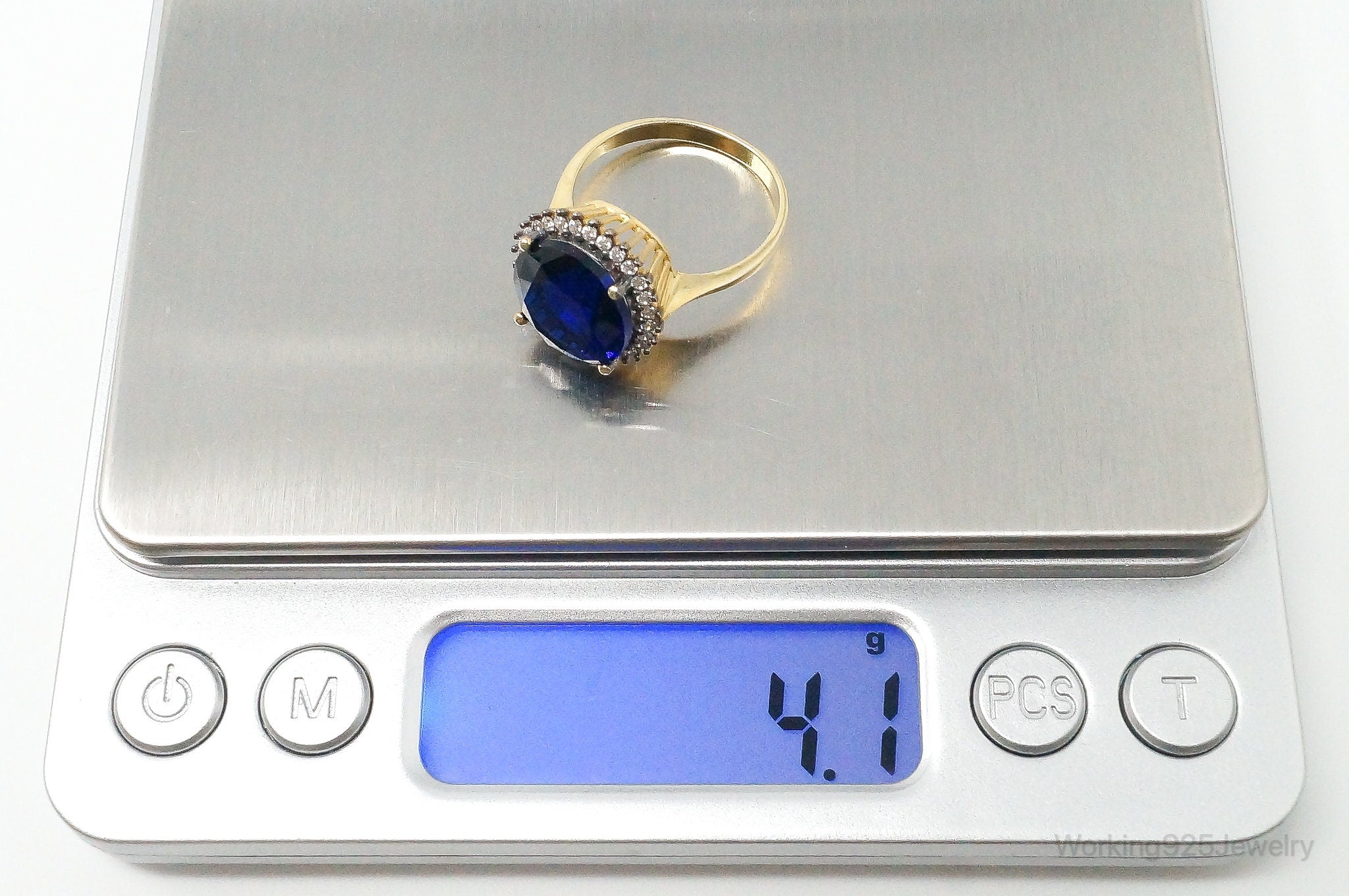 Large Blue Glass Cubic Zirconia Gold Vermeil Sterling Silver Ring - Size 8