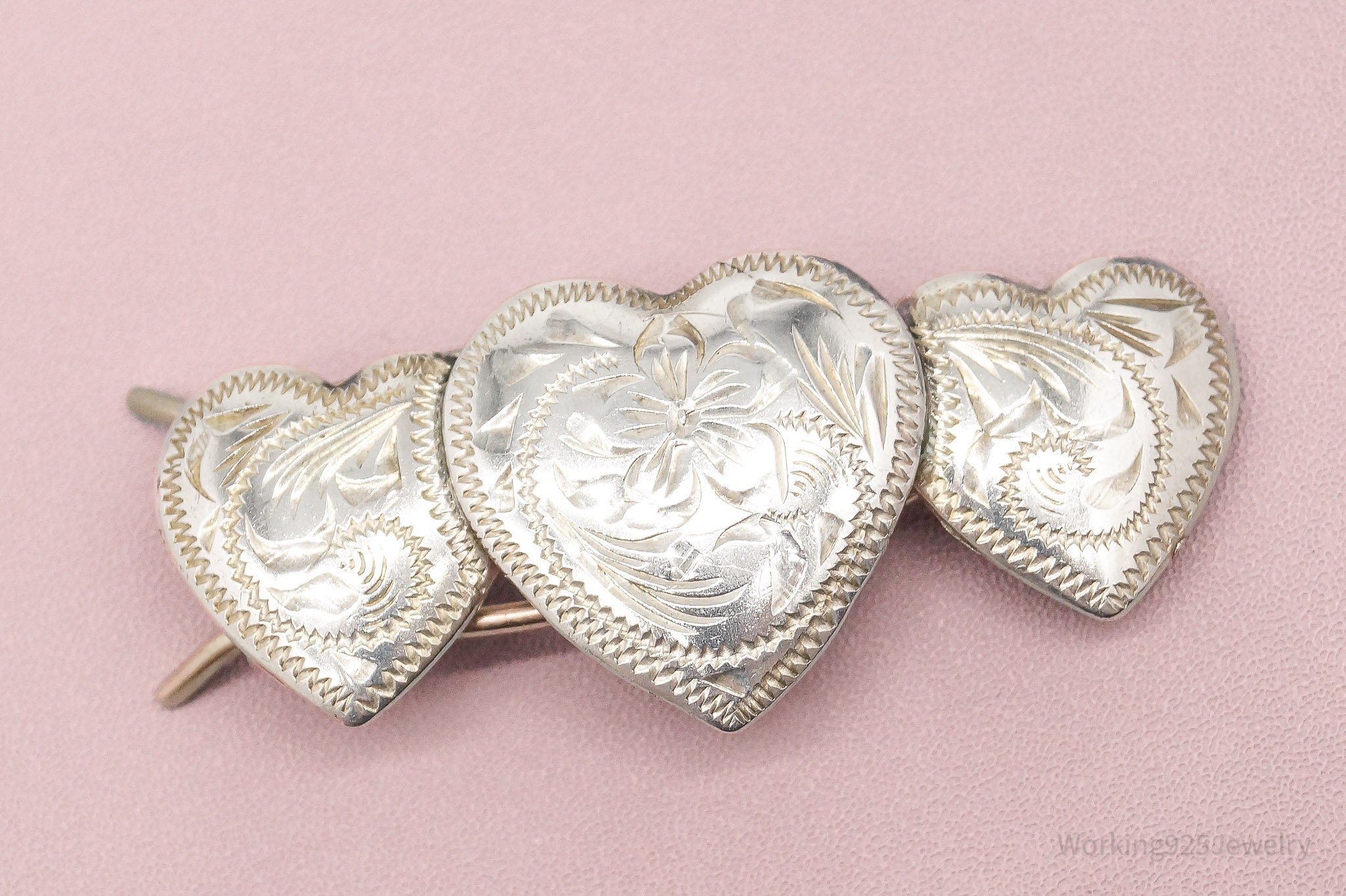 Vintage Floral Etched Hearts Sterling Silver Hair Barrette Clip