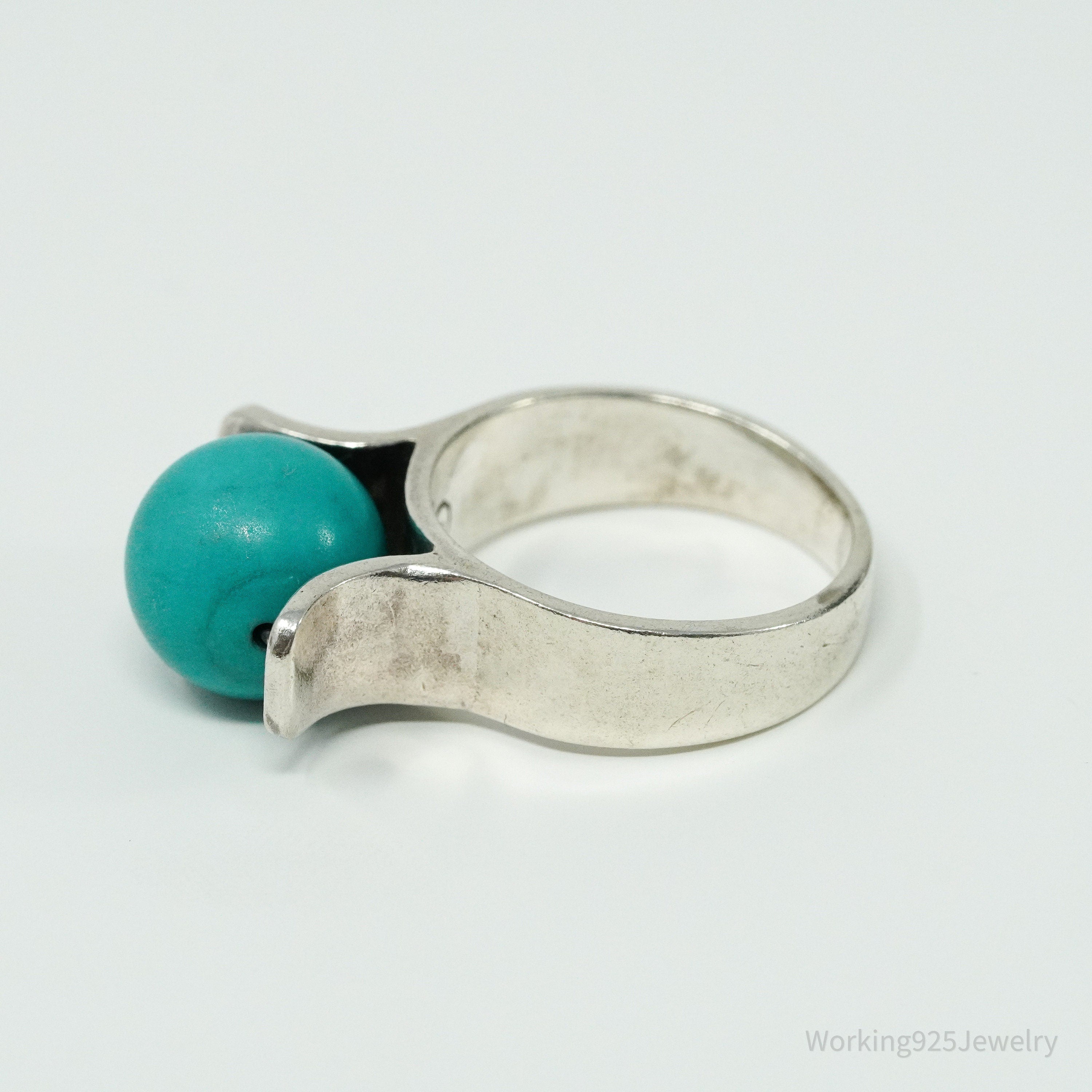 Vintage Spinning Turquoise Ball Modernist Sterling Silver Ring - Size 8