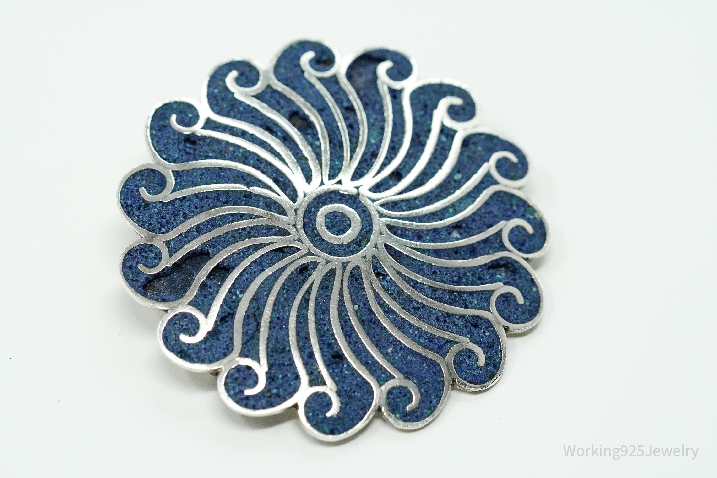 Large Vintage Mexican A Garcia Blue Stone Inlay Sterling Silver Brooch Pin Pendant
