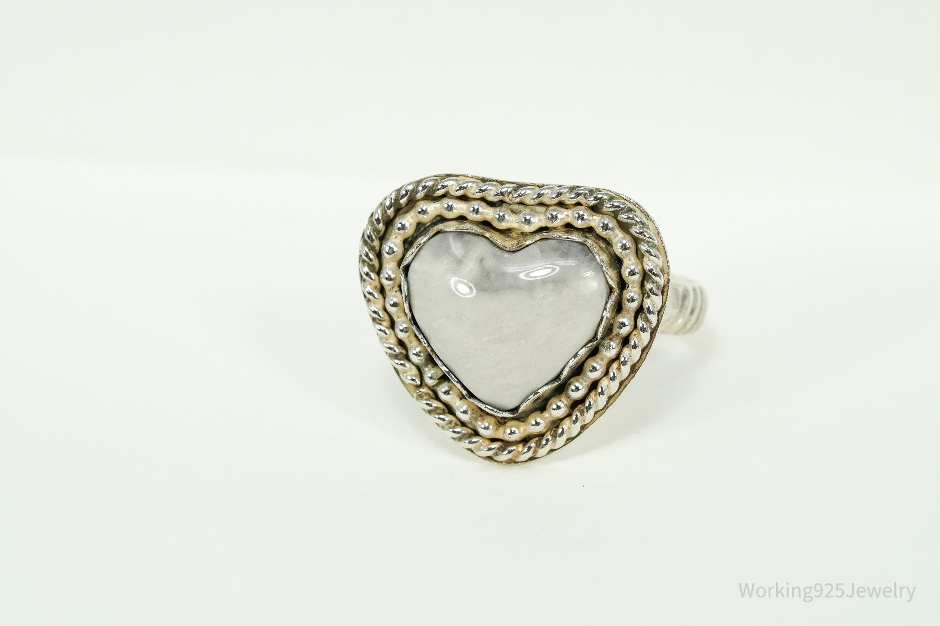 Vintage Native White Stone Heart Sterling Silver Ring - Size 8.75