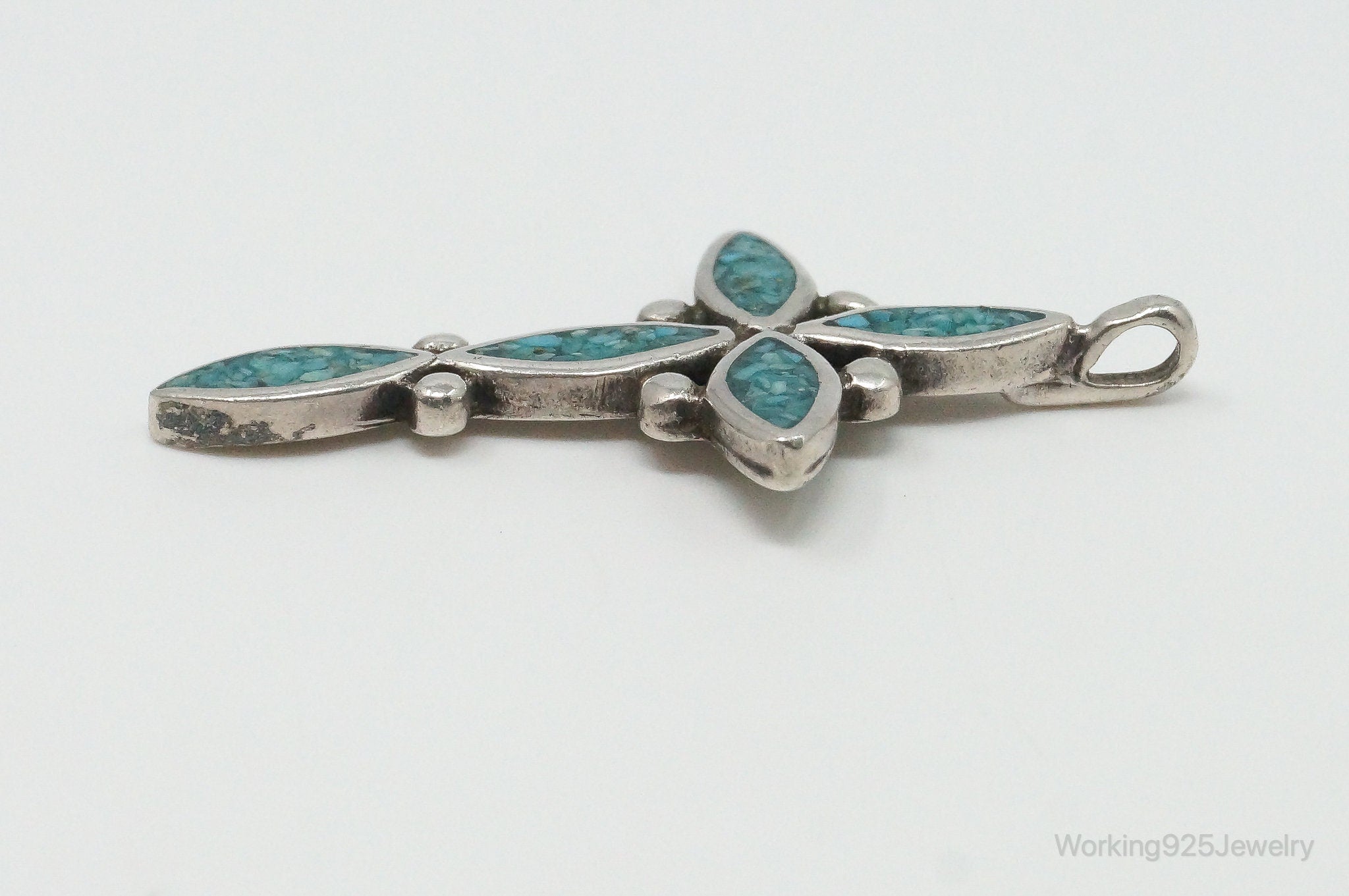 Vintage Native American Unsigned Turquoise Sterling Silver Cross Pendant