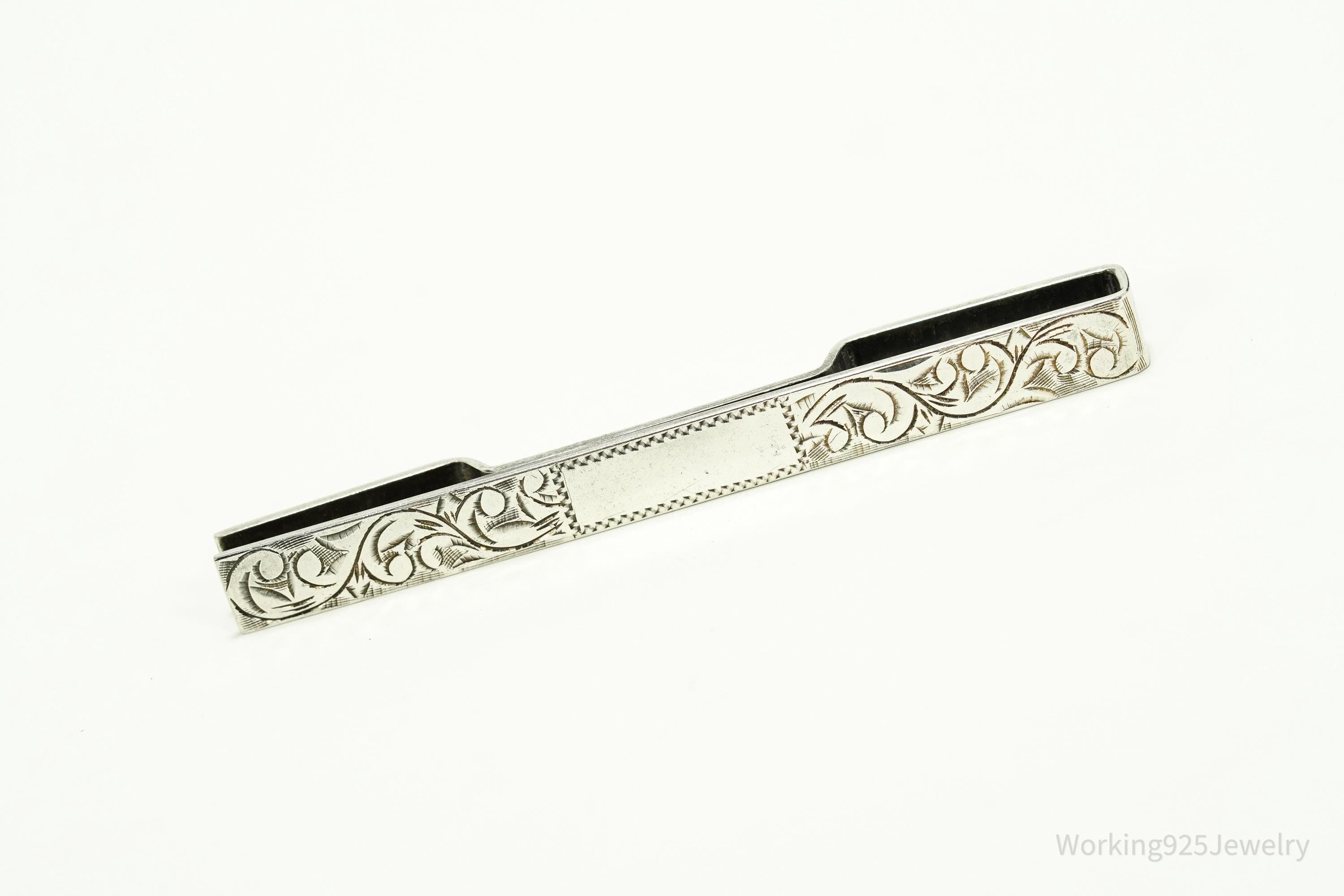 Vintage Floral Etched 950 Sterling Silver Money Tie Money Clip