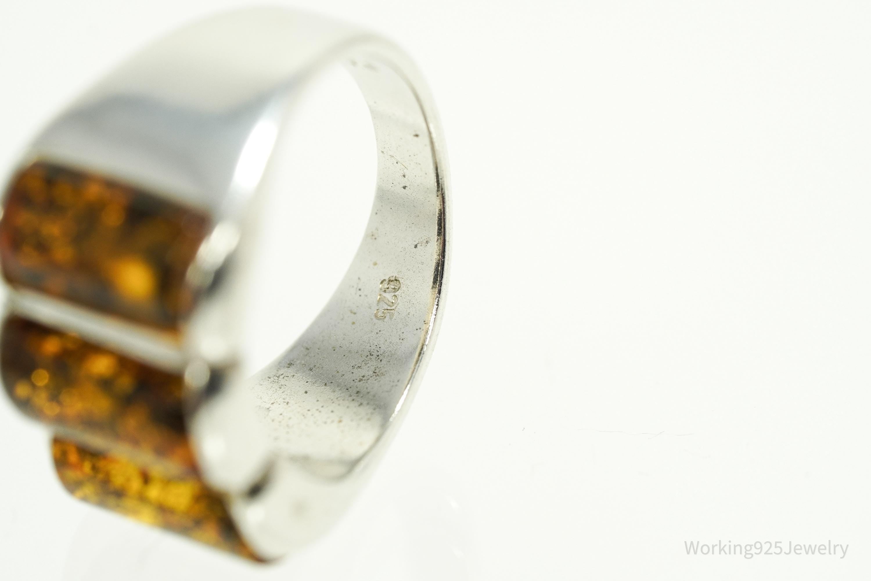 Vintage Amber Modernist Style Sterling Silver Ring - Size 6