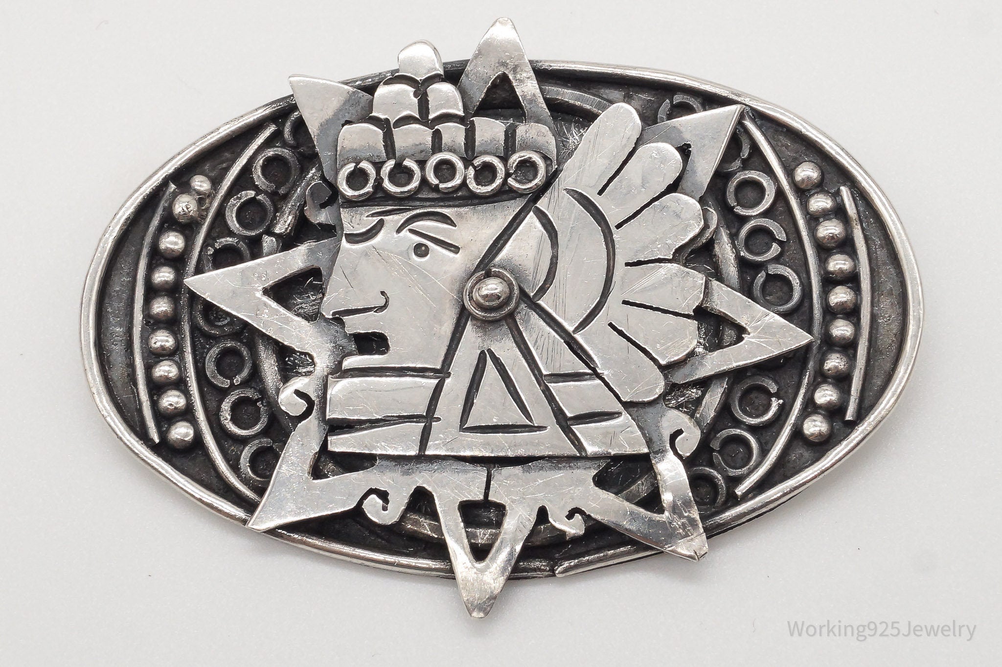 Vintage Large Mexico Mayan Aztec Warrior Sterling Silver Brooch Pin Pendant