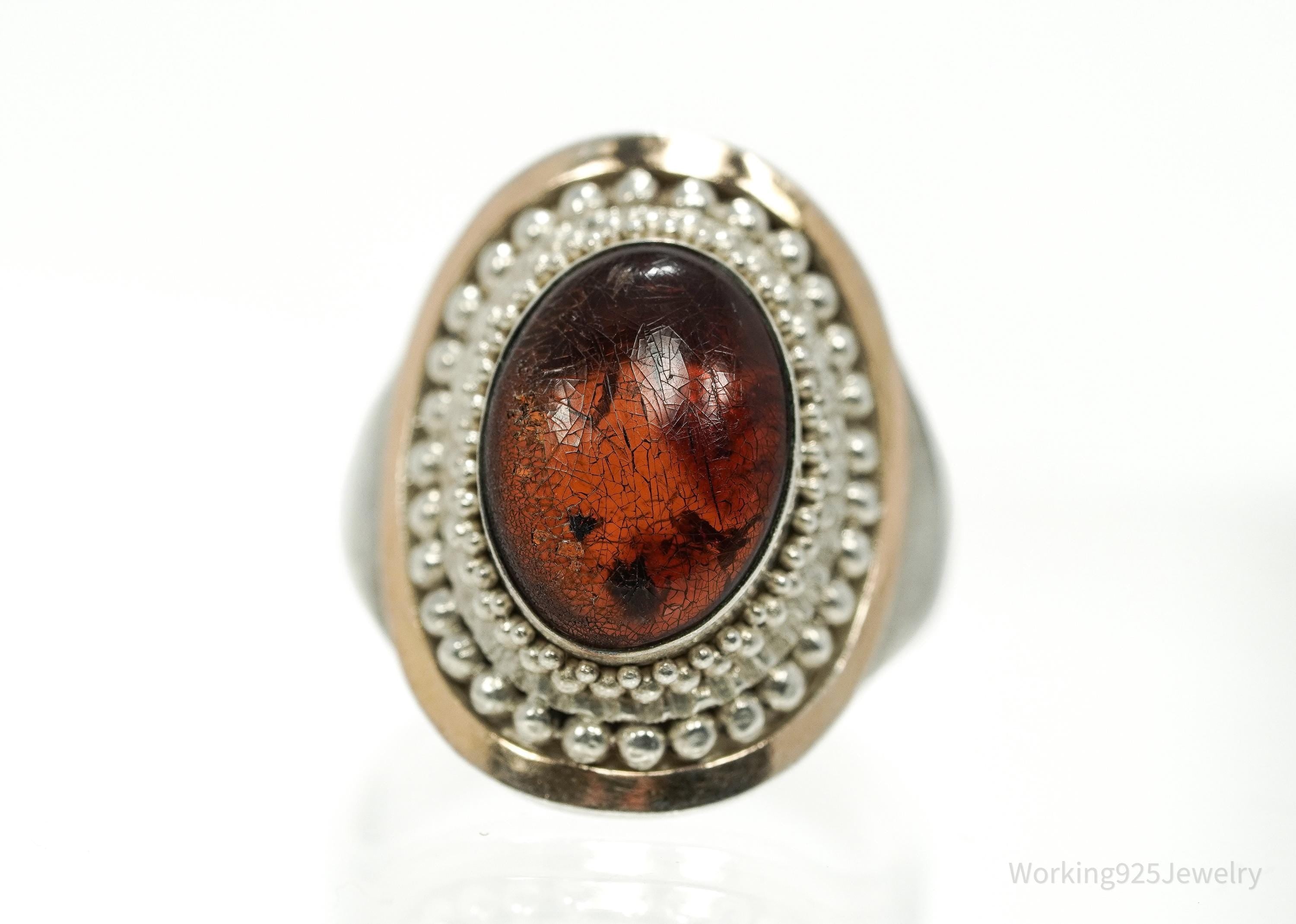 Vintage Amber Sterling Silver Gold Vermeil Ring - Size 8.25