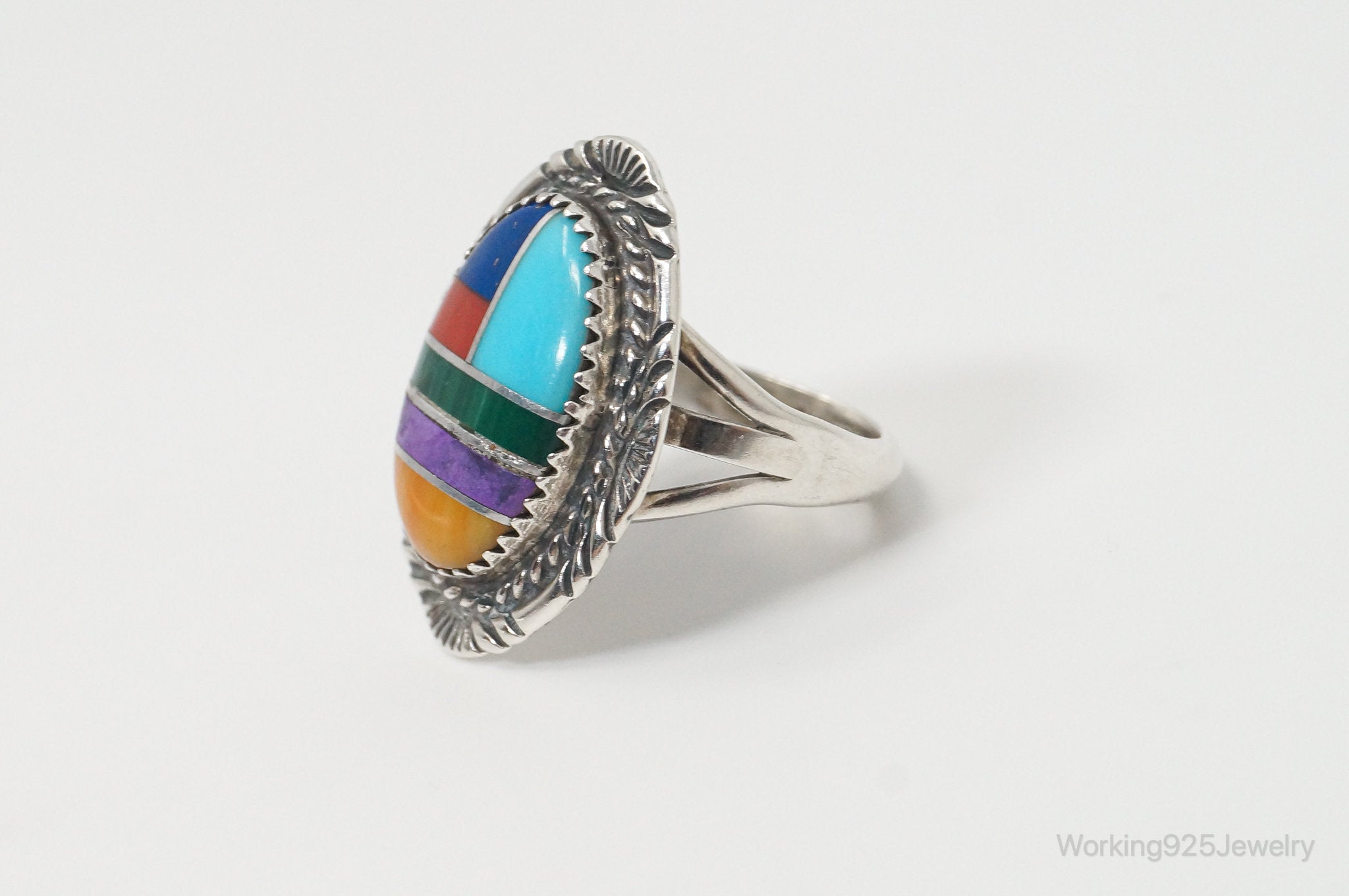 Vtg Native American Multi Gem Inlay Unsigned Sterling Silver Ring - Sz 6.25