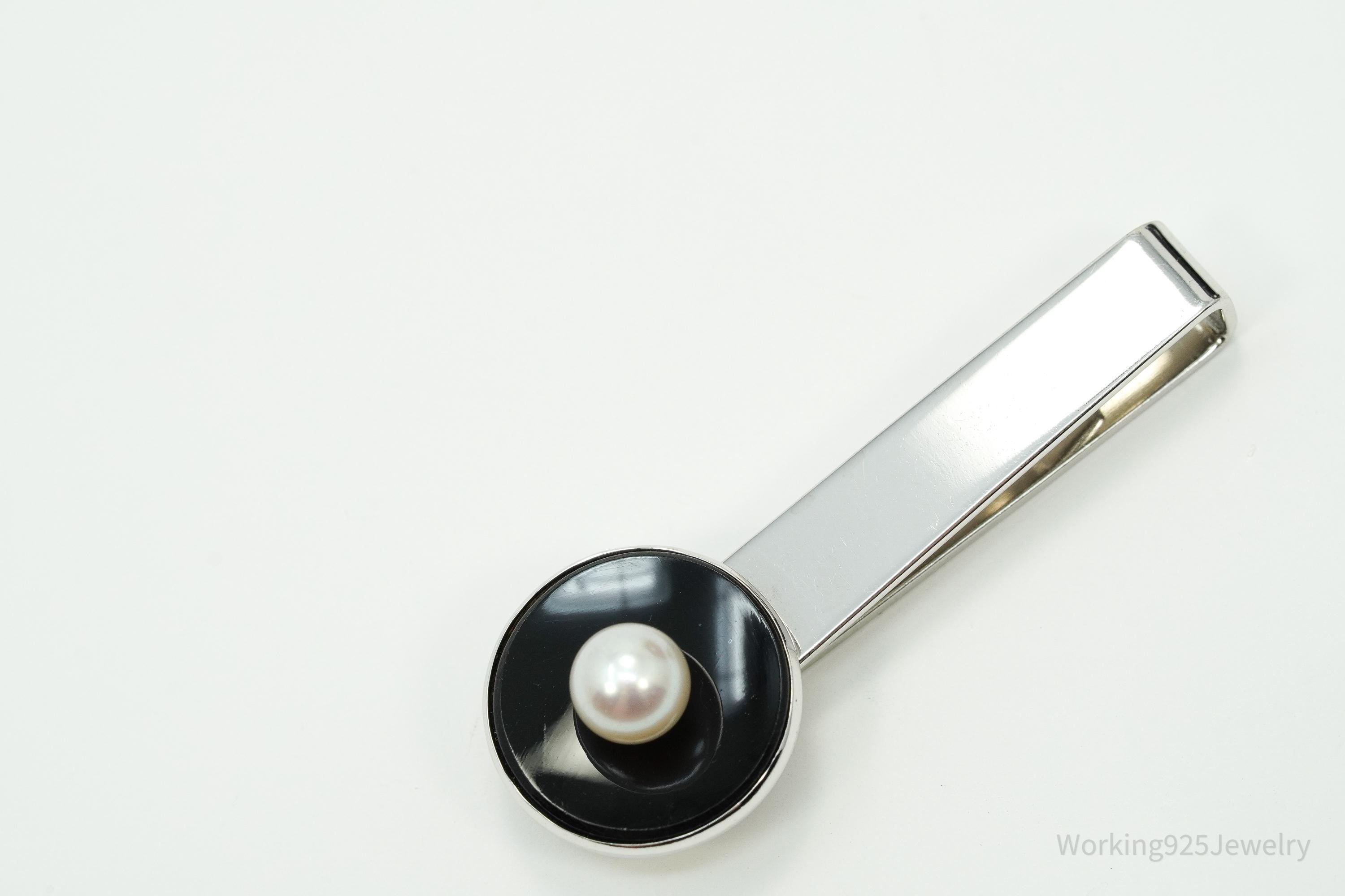 Vintage Designer CARIBE Pearl & Onxy Sterling Silver Tie Bar Clip