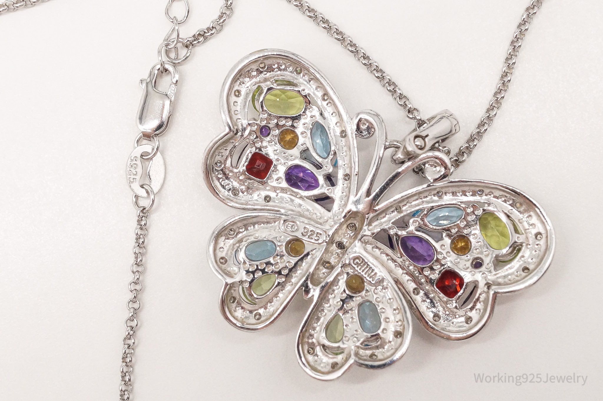 Vintage EA Multi Gemstone Butterfly Sterling Silver Necklace 23"