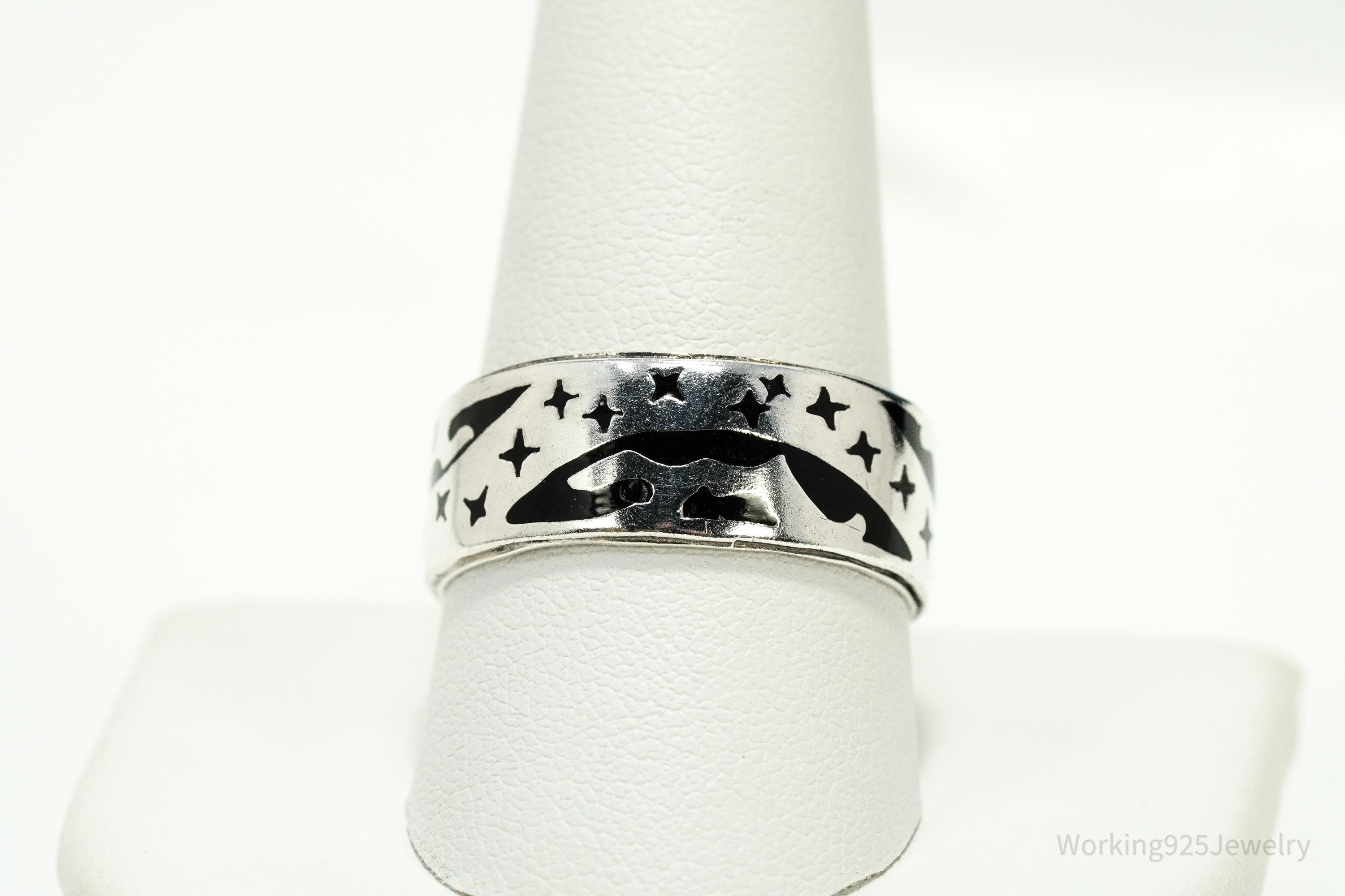 Vintage Earth & Stars Enamel Sterling Silver Band Ring - Size 10.5