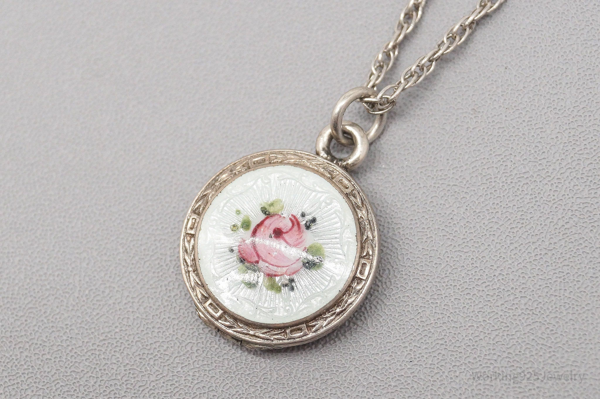 Antique Enamel Rose Locket Gold Washed Sterling Silver Necklace 18"