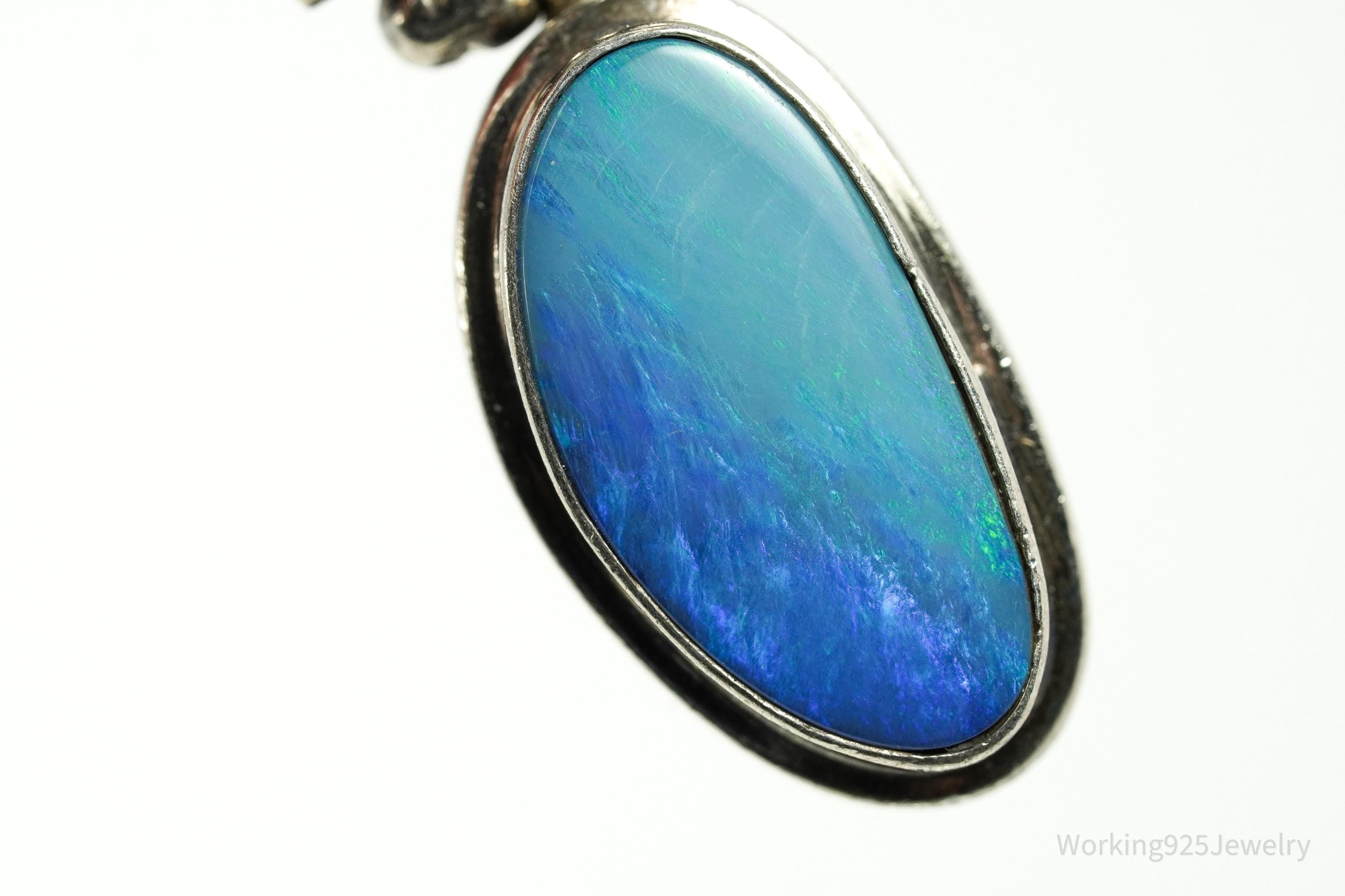 Large Vintage Blue Opal & Pearl Sterling Silver Pendant