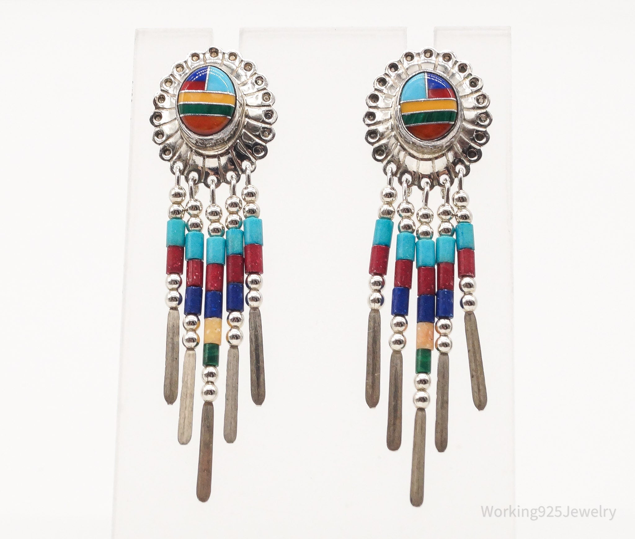 Vintage Native American Multi Gem Bead Sterling Silver Earrings