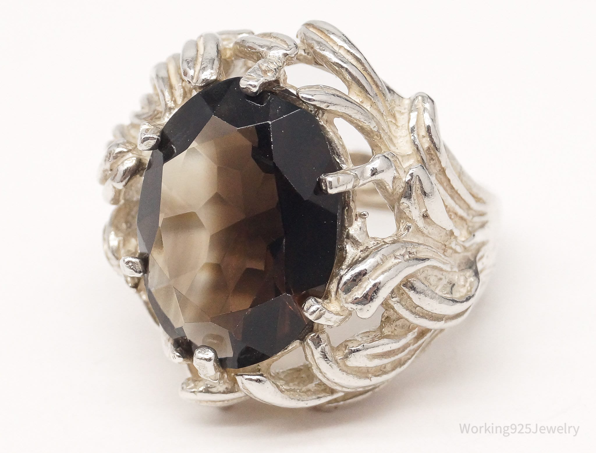 Vintage Mid Century Large Smoky Topaz Silver Ring - Size 5.75