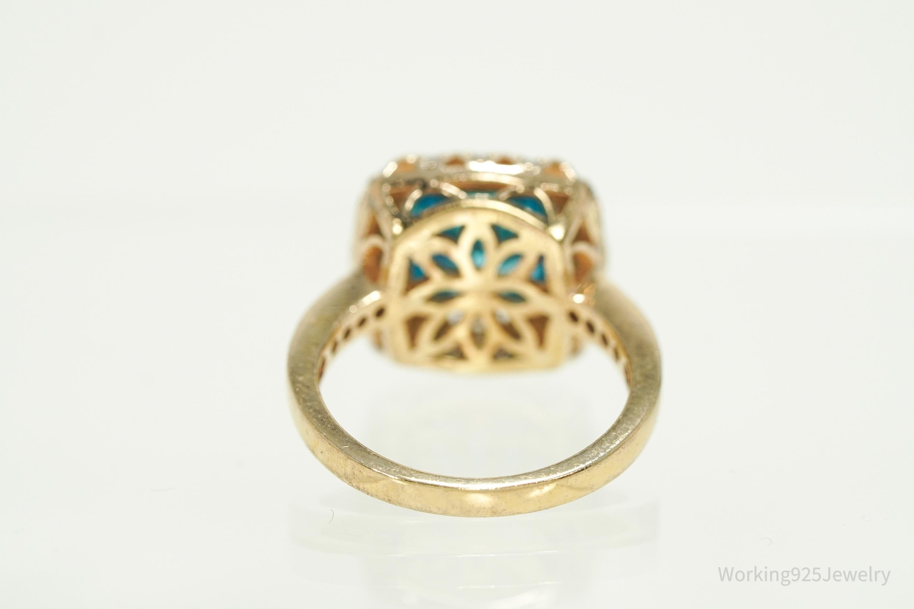 Vintage Blue Tourmaline & Cubic Zirconia Gold Vermeil Sterling Silver Ring - Size 7.25