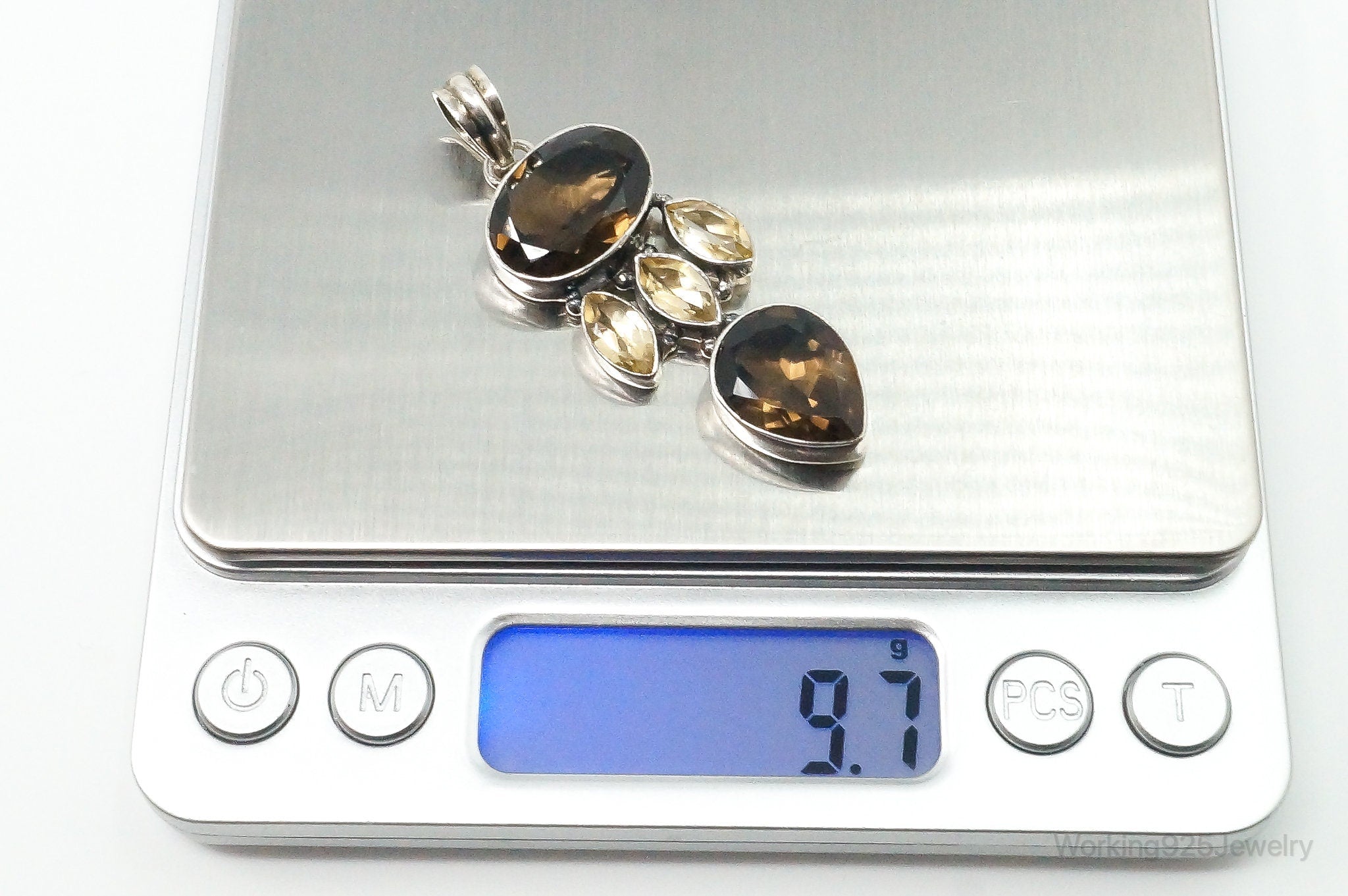 Vintage Large Smoky Topaz Citrine Sterling Silver Pendant