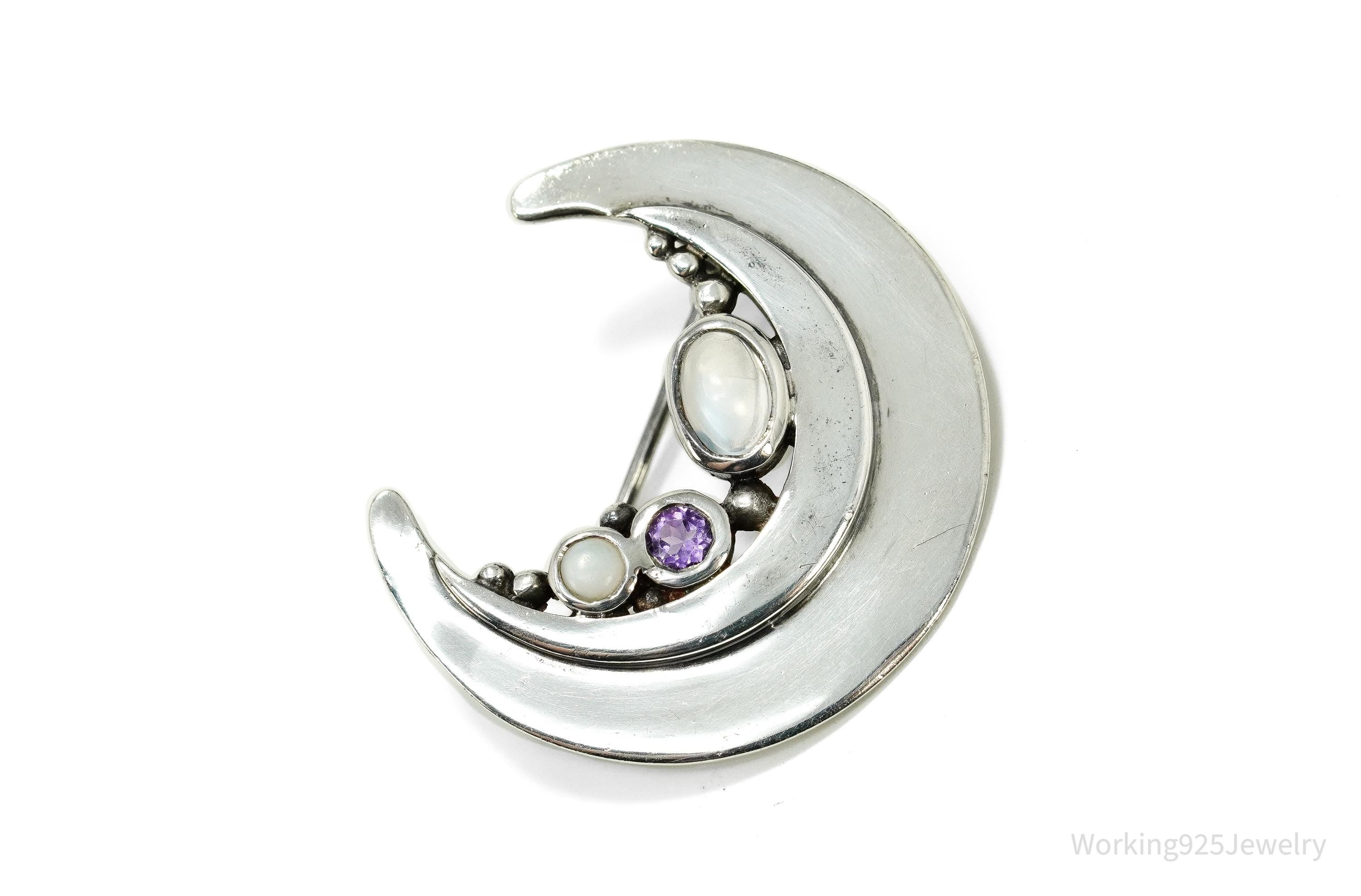 Vintage Amethyst & Moonstone Moon Sterling Silver Brooch Pin