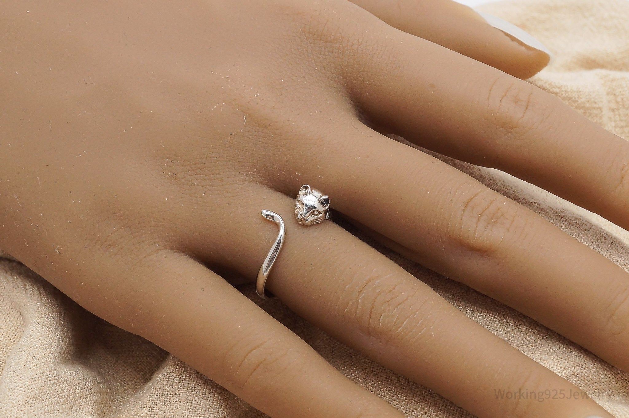 Vintage Cat Kitten Sterling Silver Wrap Ring - Size 7 Adjustable