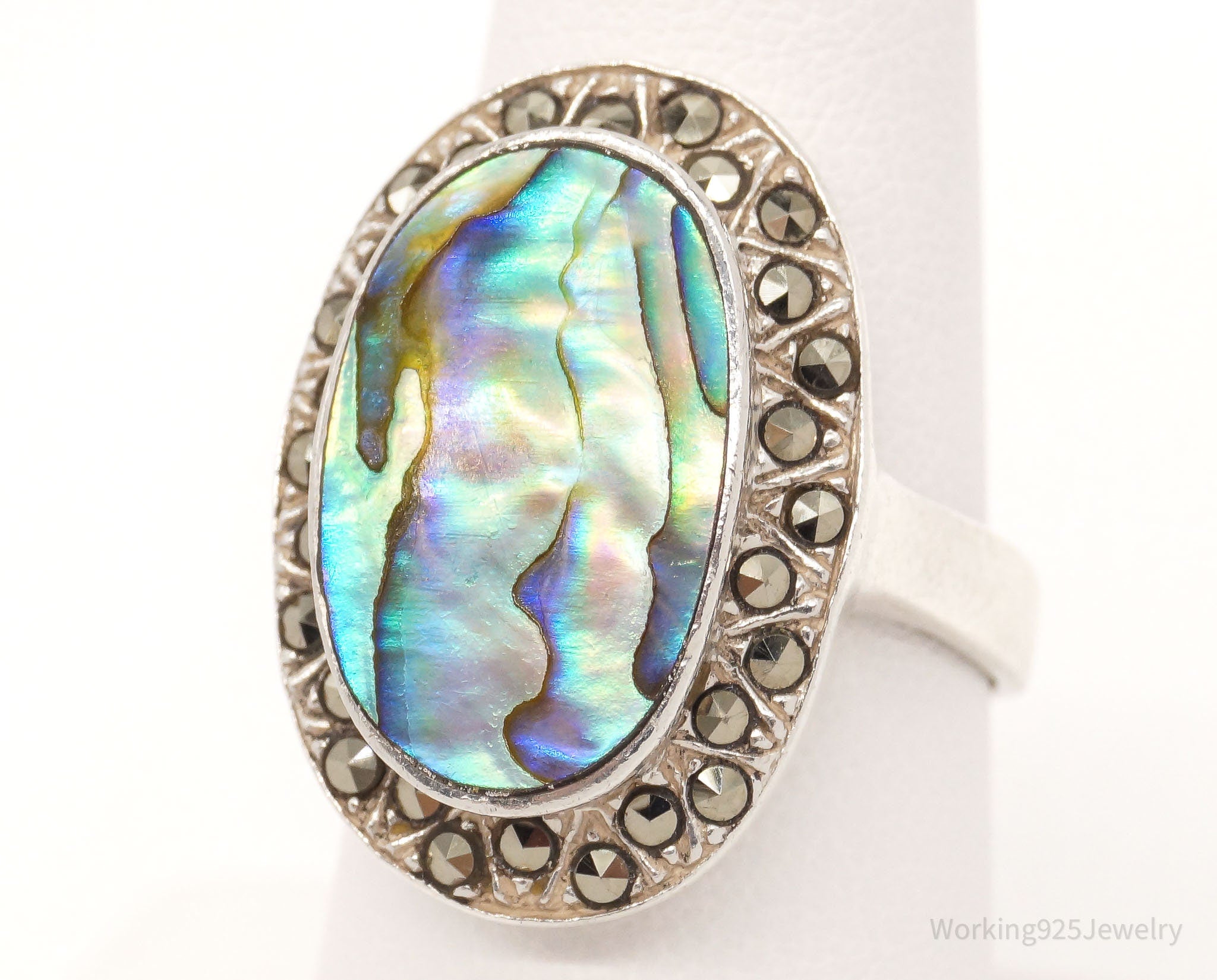 Vintage Paua Abalone Shell Marcasite Sterling Silver Ring - Size 8