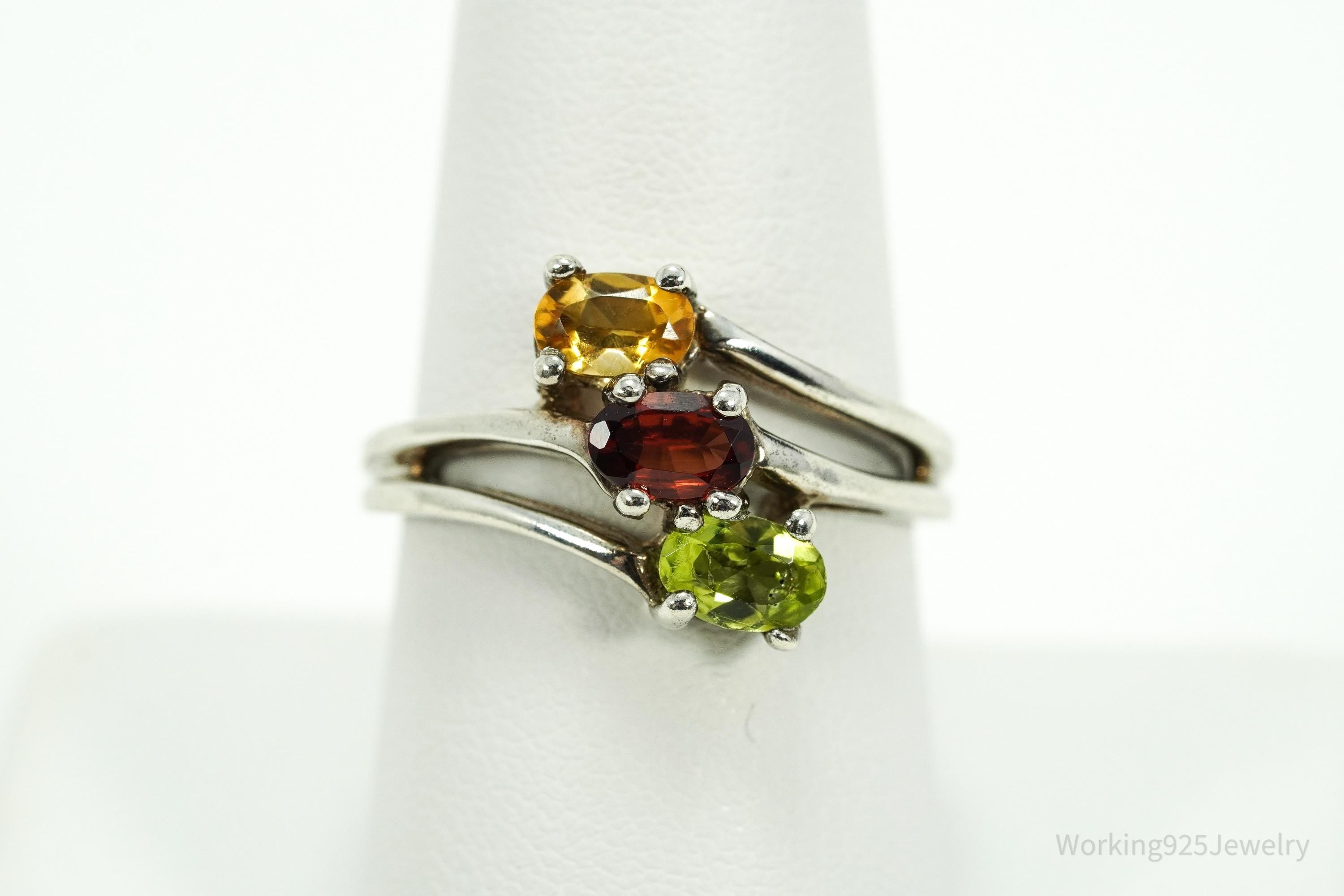 Vintage Citrine Garnet & Peridot Sterling Silver Ring - Size 9.25