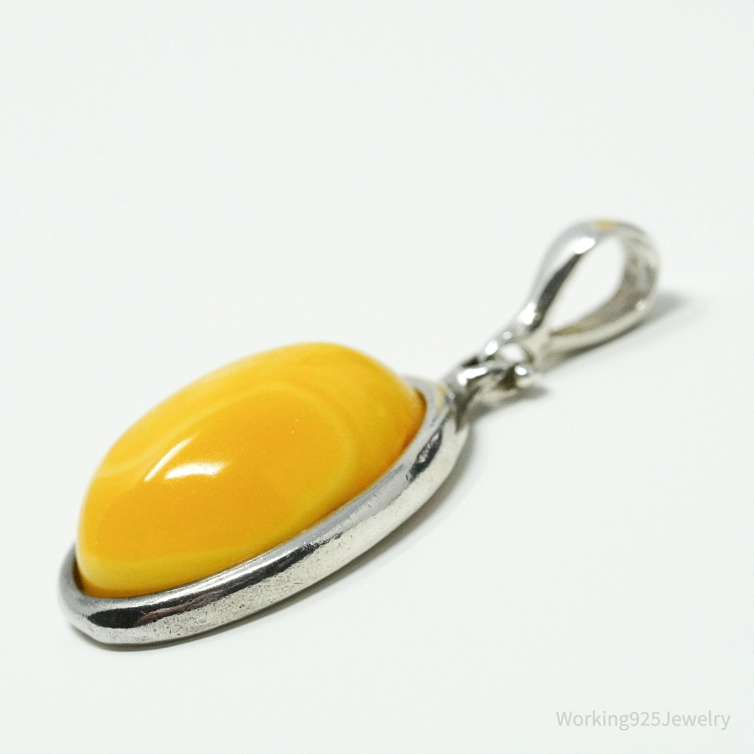 Vintage Yellow Amber Modernist Sterling Silver Necklace Pendant