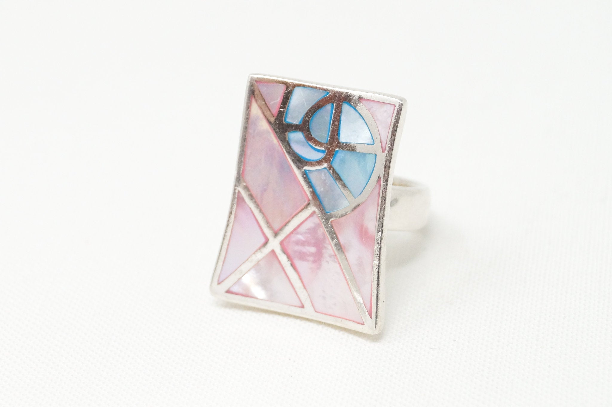 Vintage Pink Blue Mother Of Pearl Pearl Art Deco Ring Sterling Silver Sz 5.5