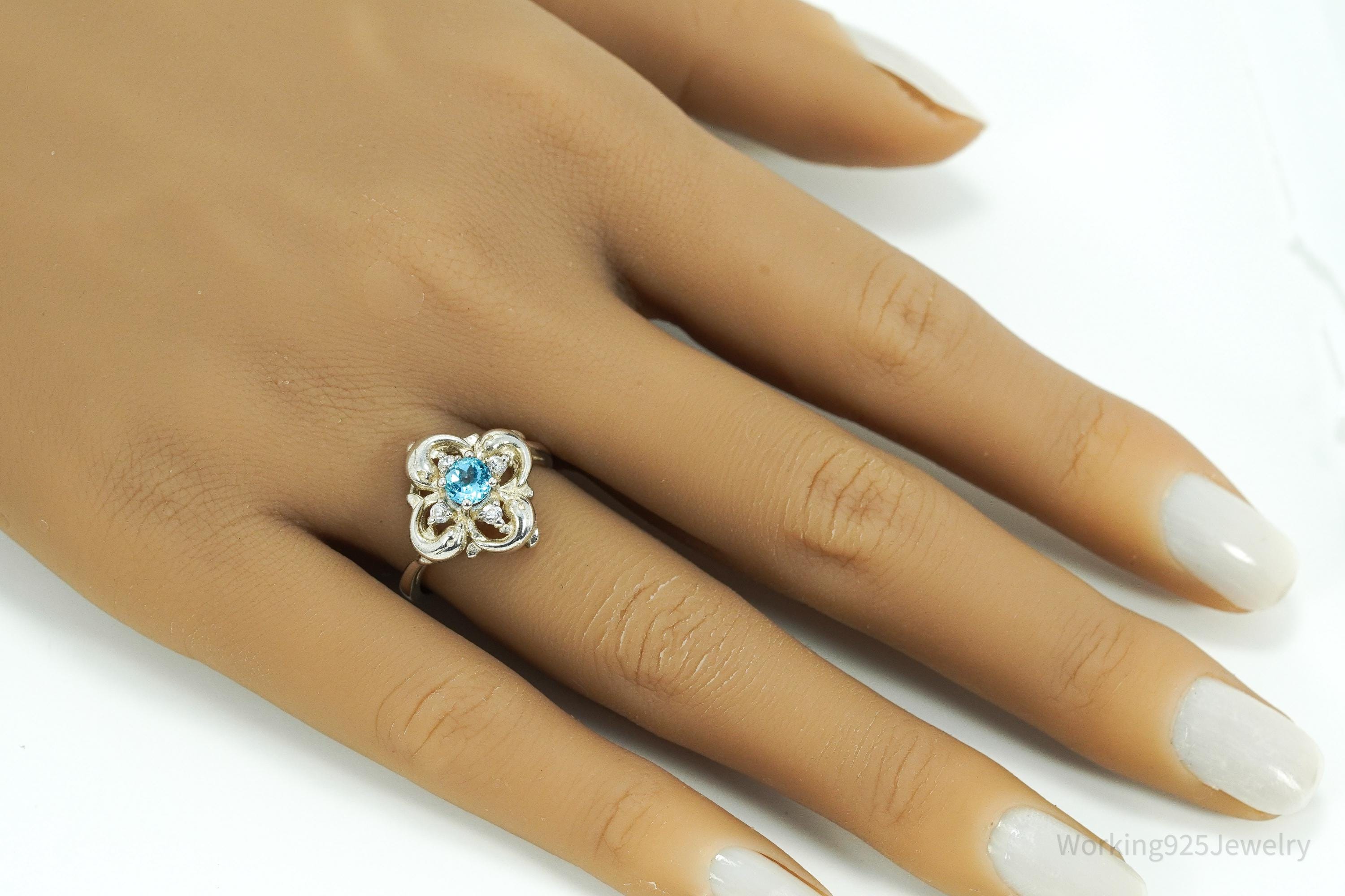 Vintage Blue Topaz & Cubic Zirconia Dolphins Sterling Silver Ring - Size 7