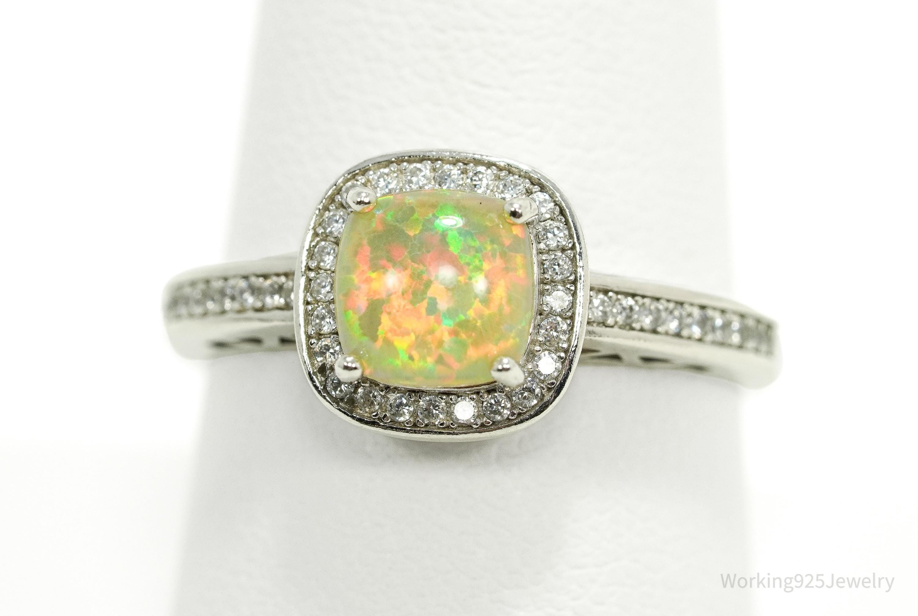 Vintage Opal & Cubic Zirconia Silver Ring - Size 9.25