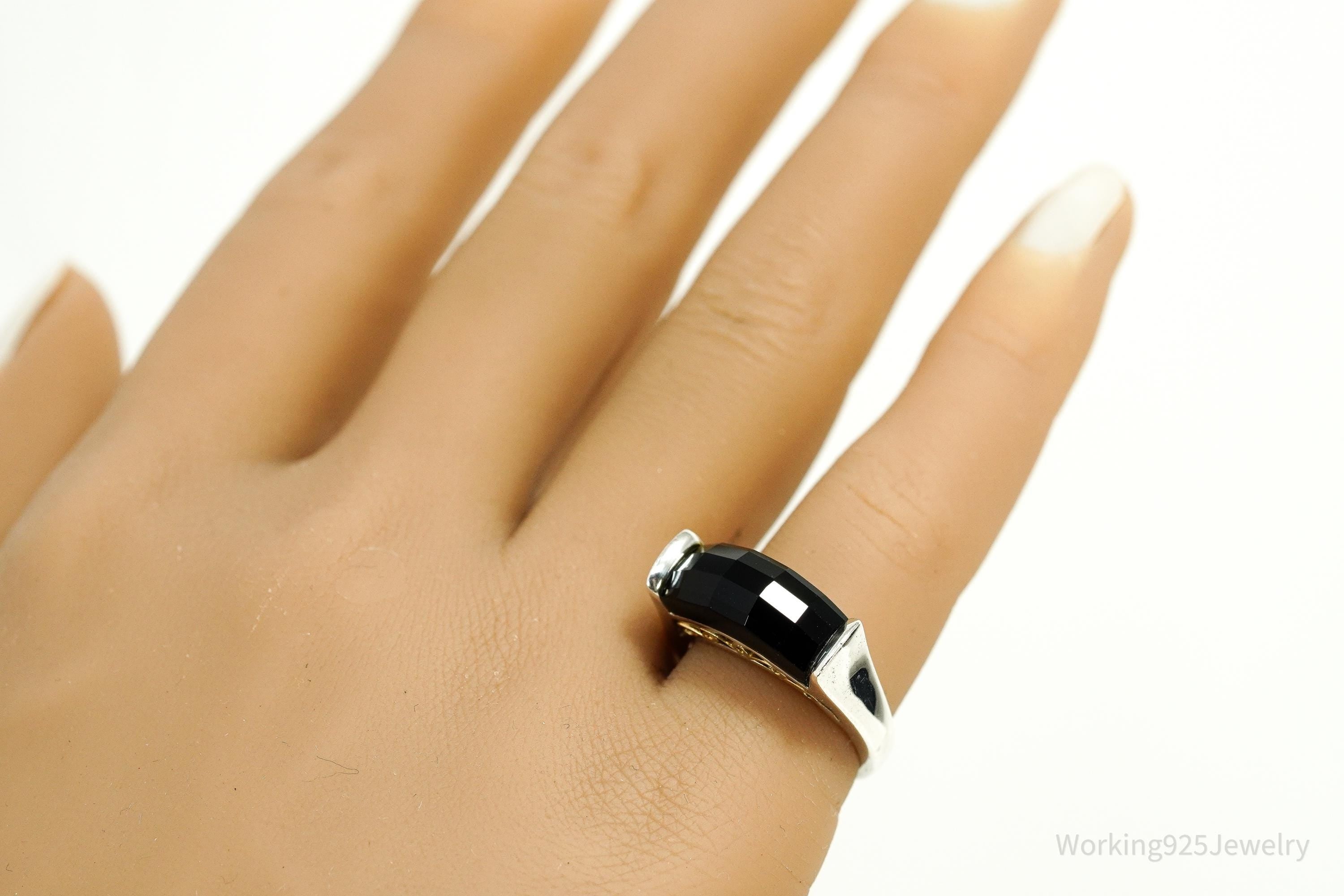 Vintage Black Onyx 14K Gold Sterling Silver Ring - Size 6