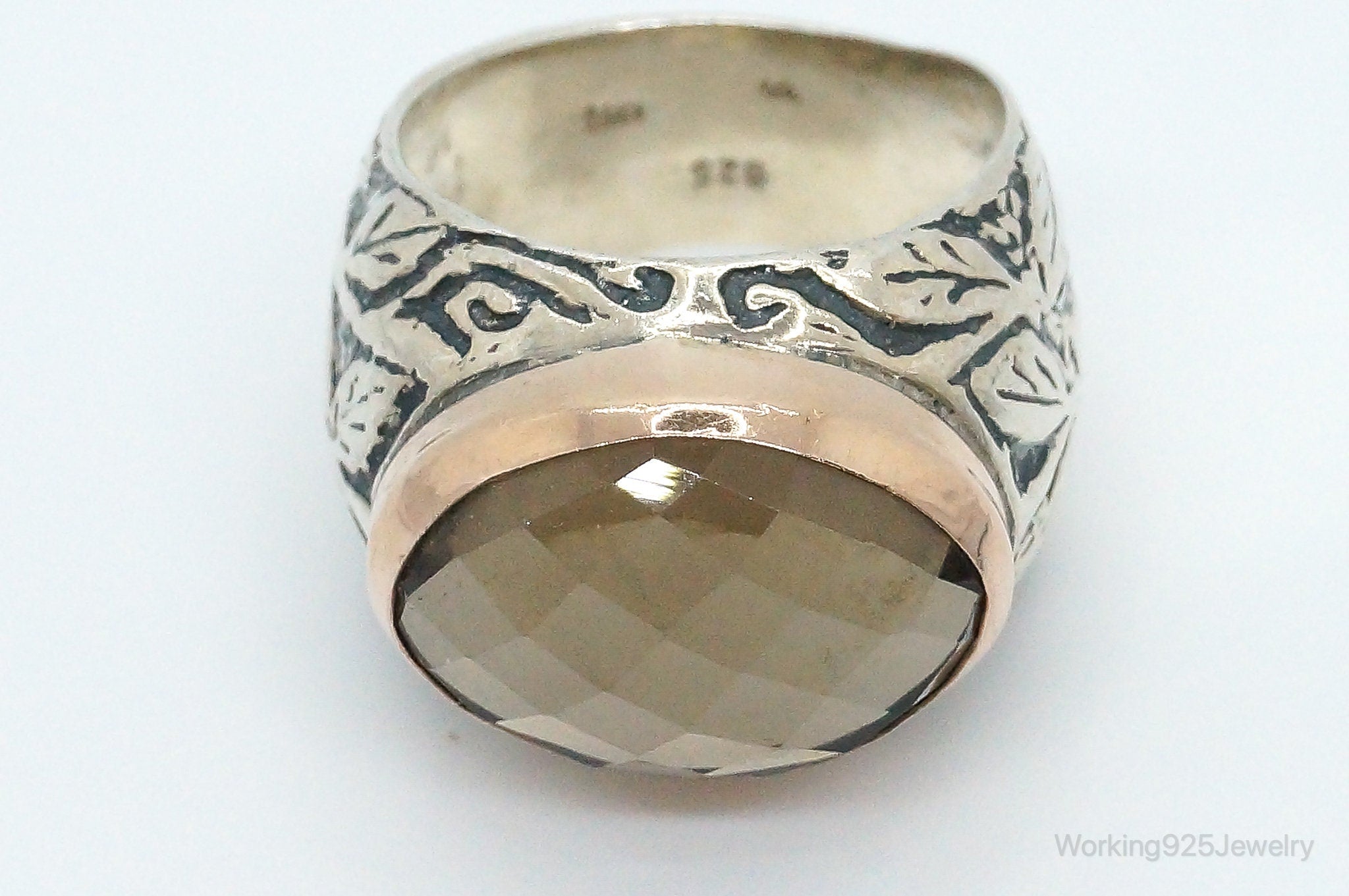 Vintage Large Smoky Topaz 14K Gold Sterling Silver Ring - Size 7.25