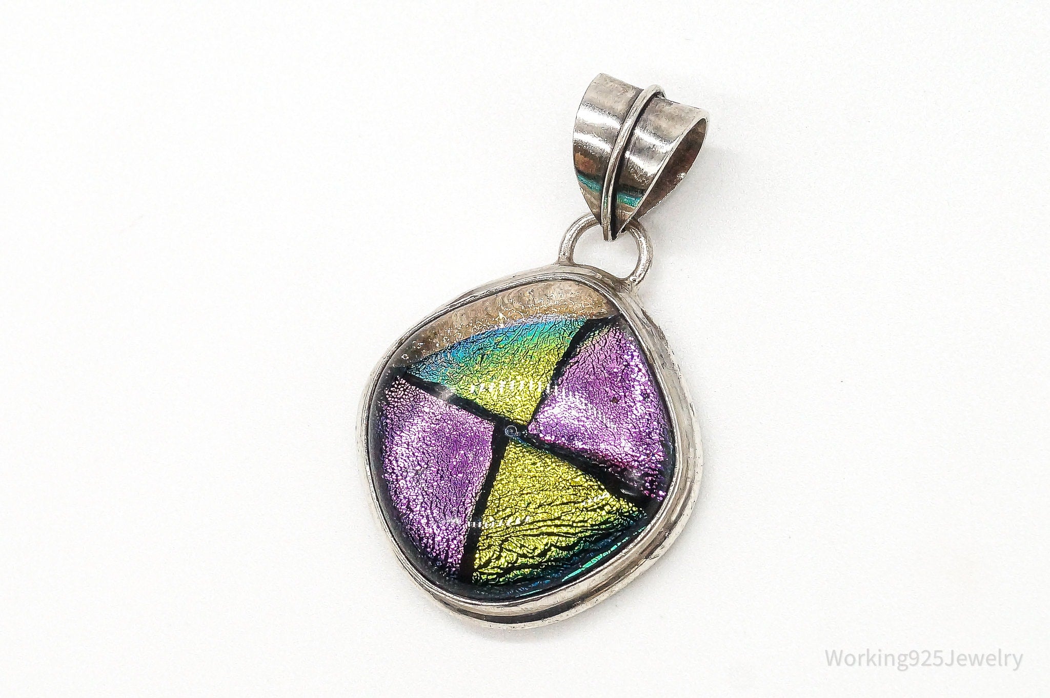 Vintage Large Dichroic Glass Sterling Silver Necklace Pendant