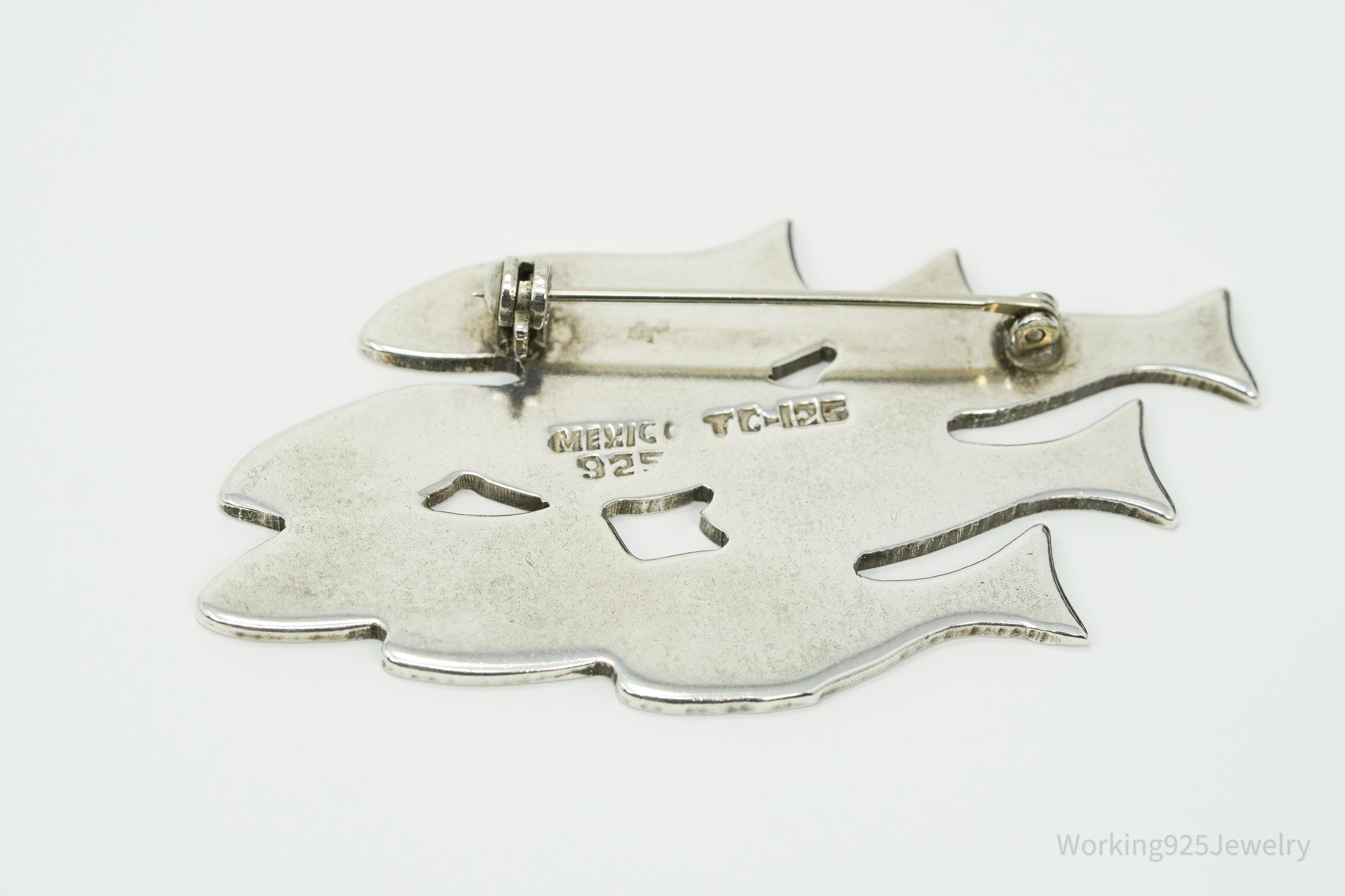 Large Vintage Mexico School Of Fish Sterling Silver Brooch Pin