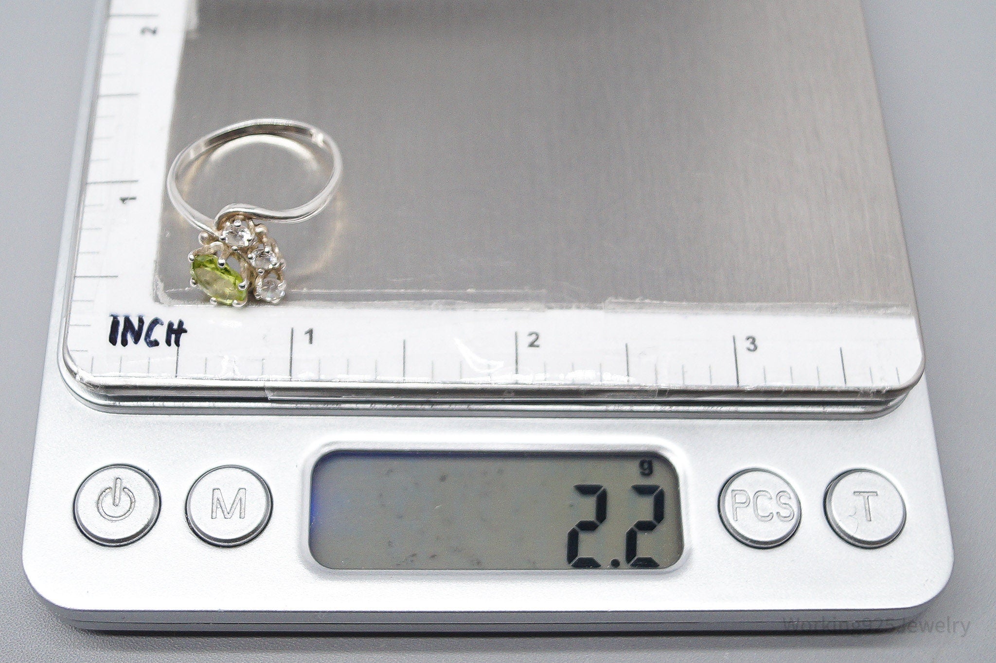 Vintage Peridot & Cubic Zirconia Sterling Silver Ring - Size 8.25