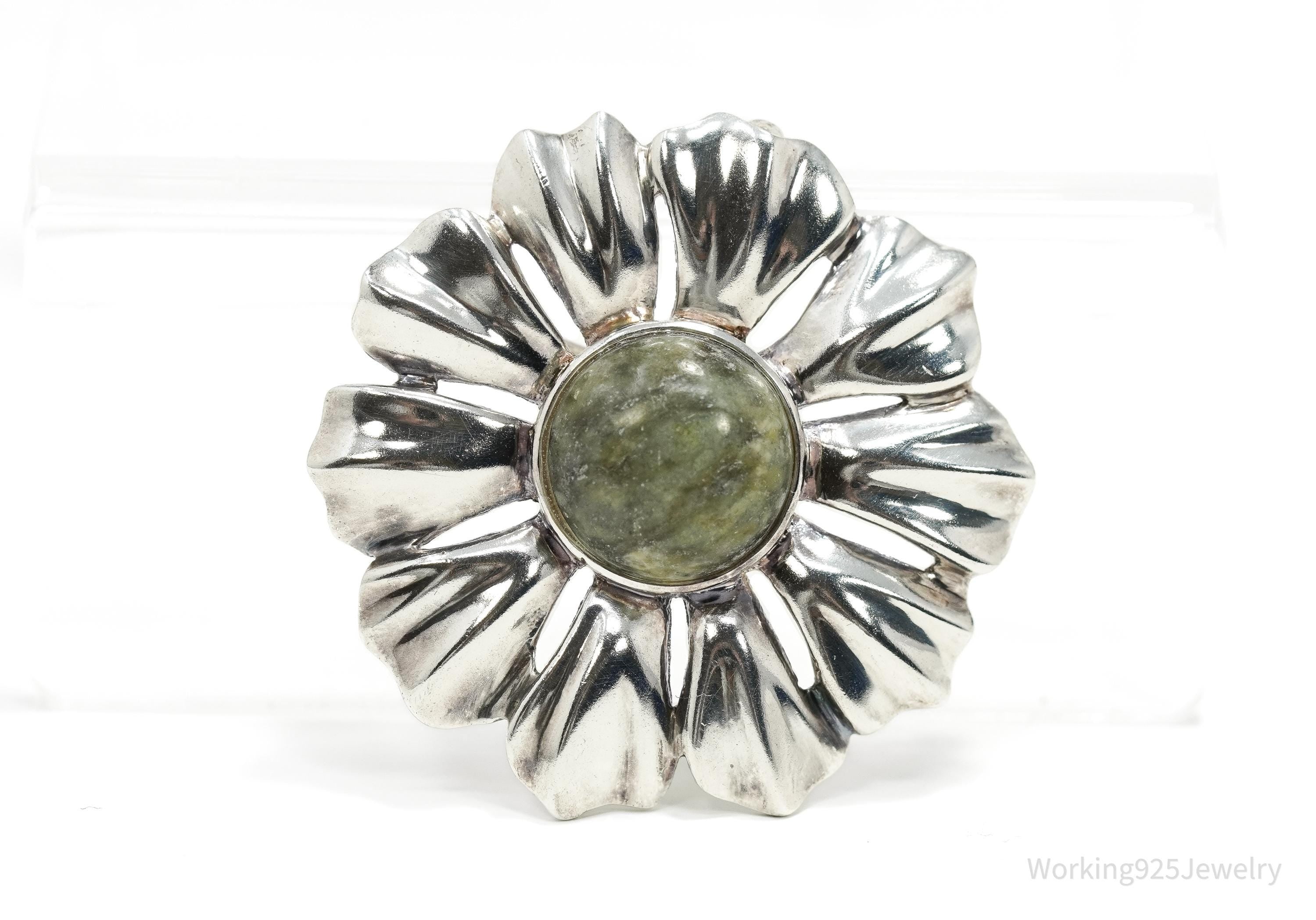 Large Vintage 1990s Connemara Marble Sterling Silver Flower Irish Brooch Pendant 1.75"