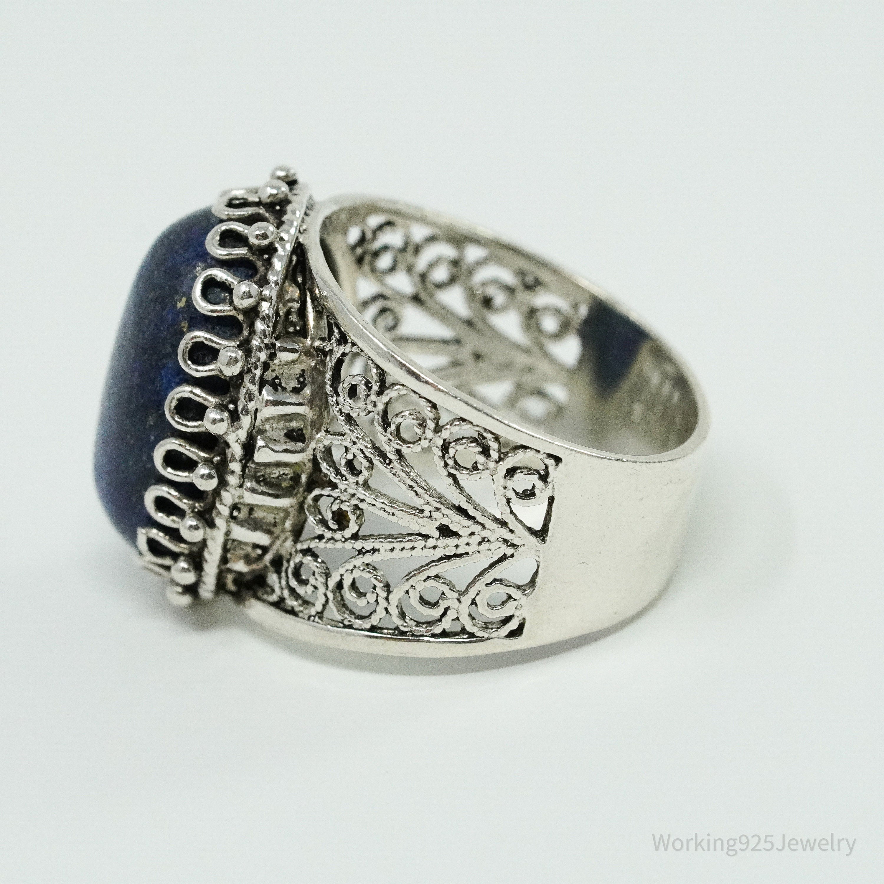 Vintage Designer DGS Lapis Lazuli Filigree Sterling Silver Ring - Size 9