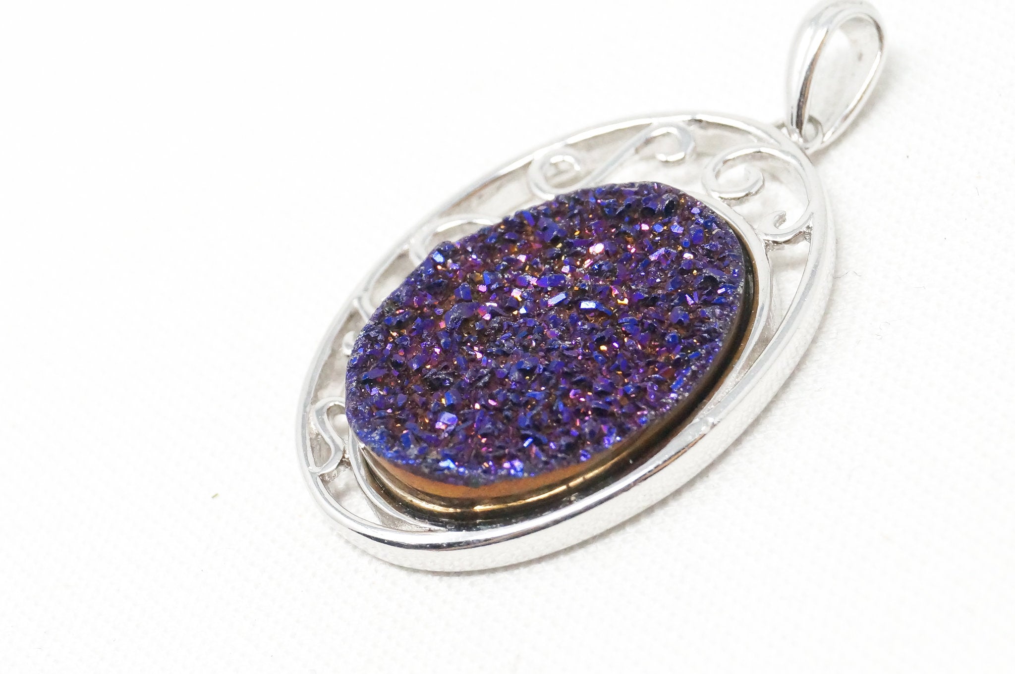 Vintage Designer TGGC Purple Druzy Quartz Art Deco Style Sterling Silver Pendant