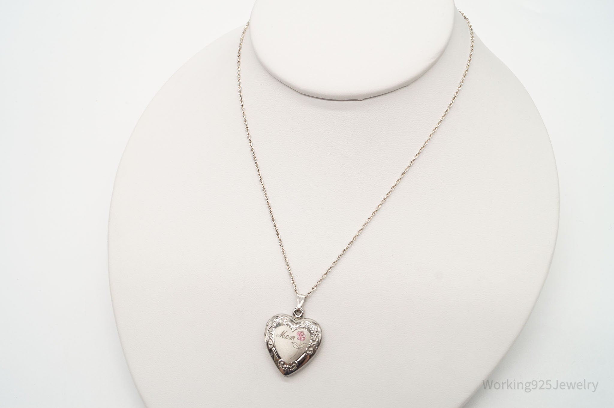 Vintage "Mom" Picture Locket Heart Sterling Silver Necklace