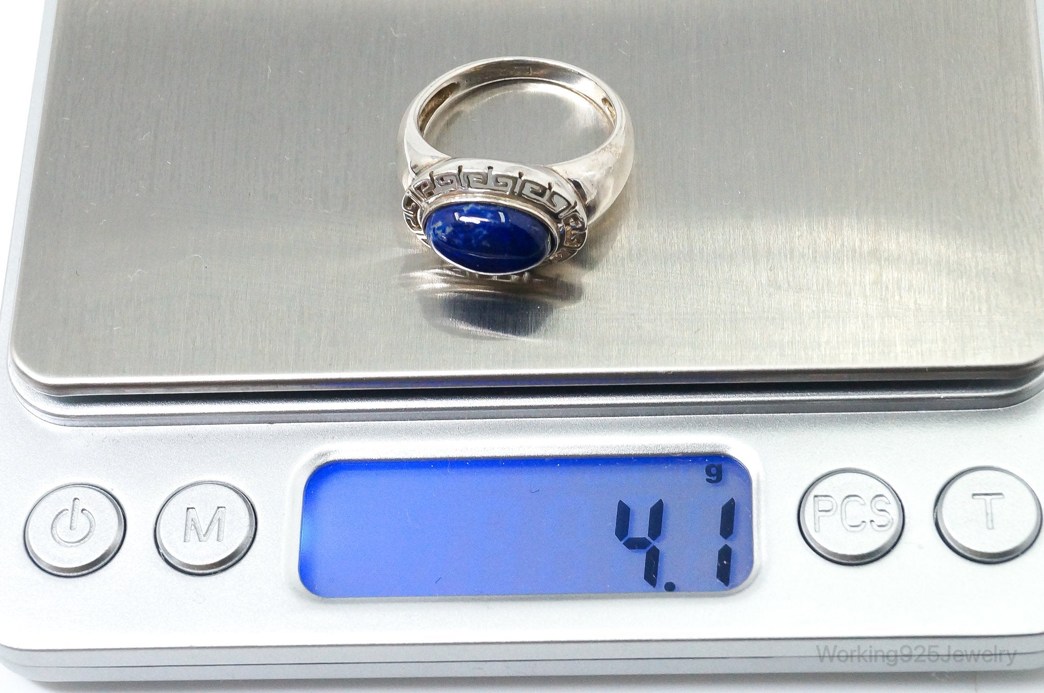 VTG Designer GV Lapis Lazuli Greek Key Design Sterling Silver Ring - SZ 9