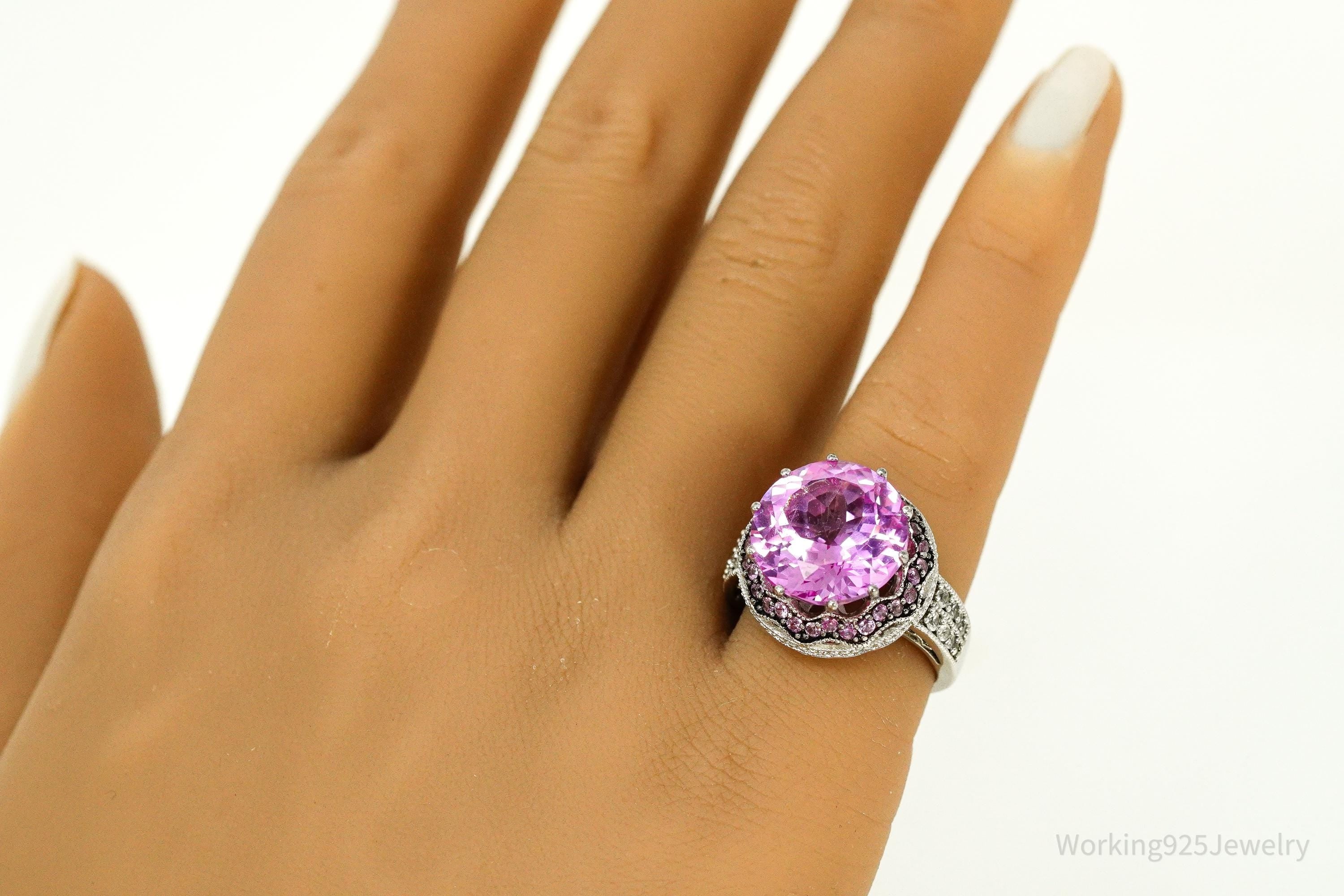 Vintage Large Pink & White Sapphire Sterling Silver Ring - Size 6.5