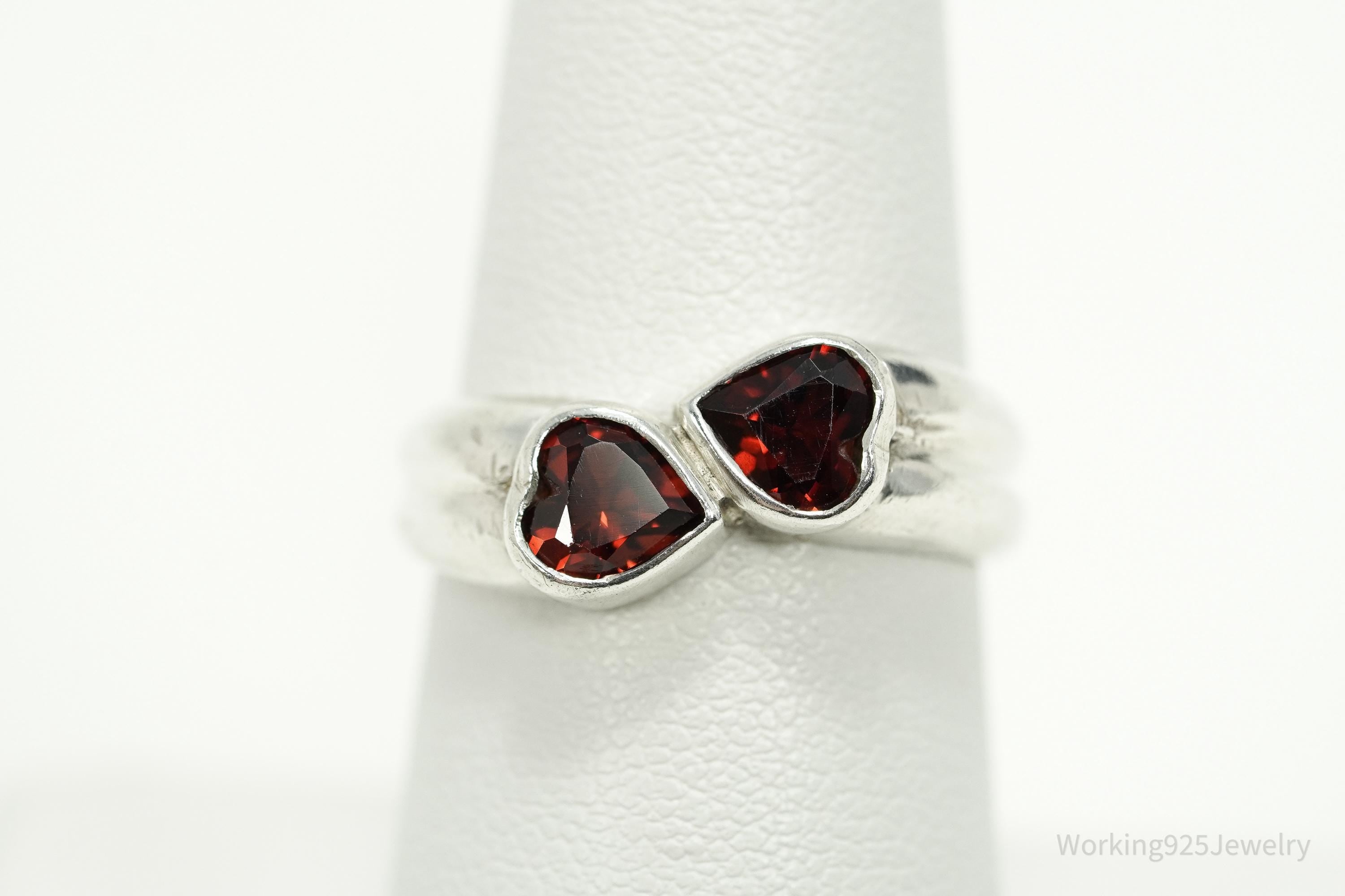 Vintage Garnet Hearts Sterling Silver Ring - Size 7.25