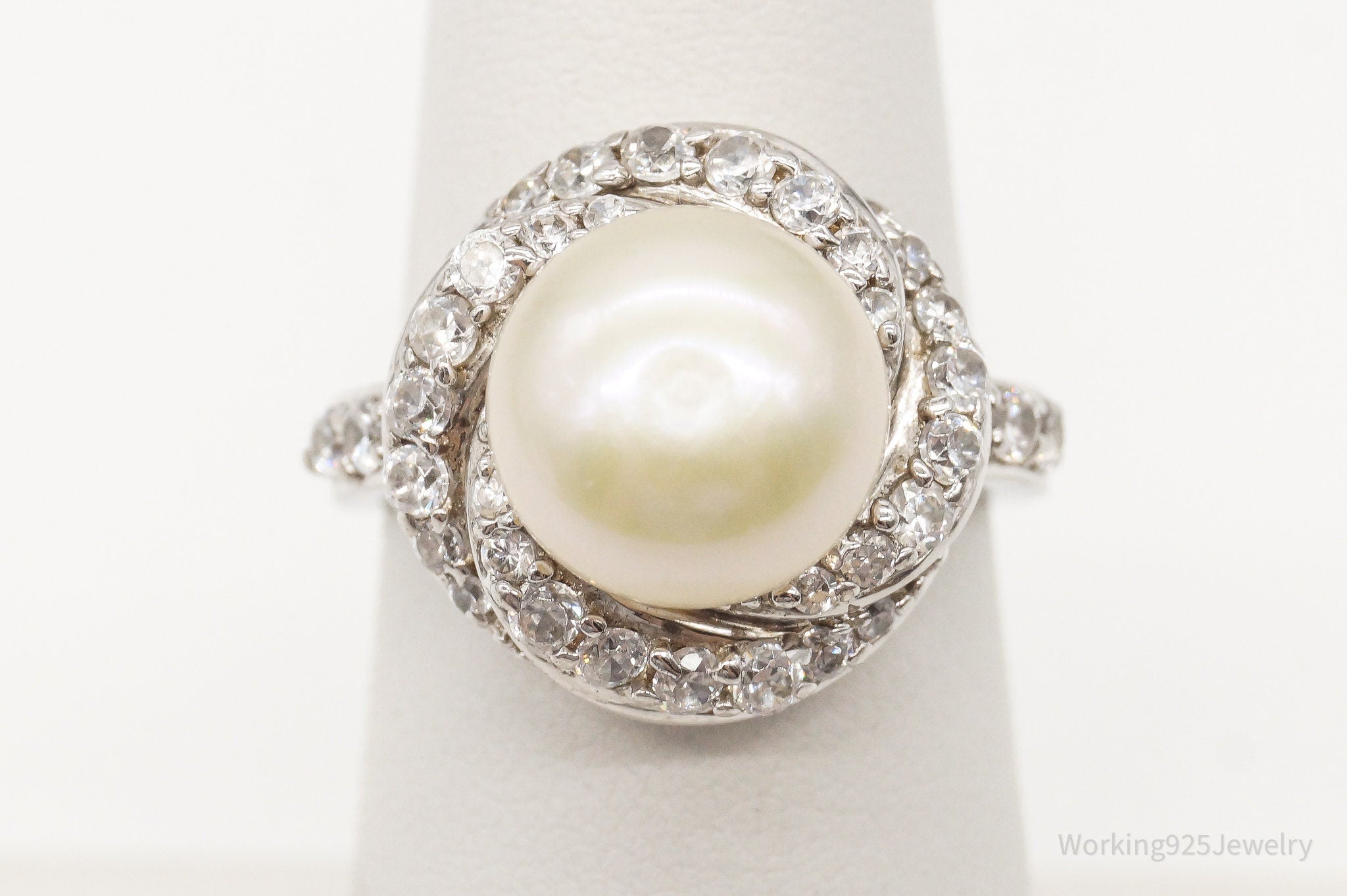 Vintage Pearl Cubic Zirconia Sterling Silver Ring - Size 6