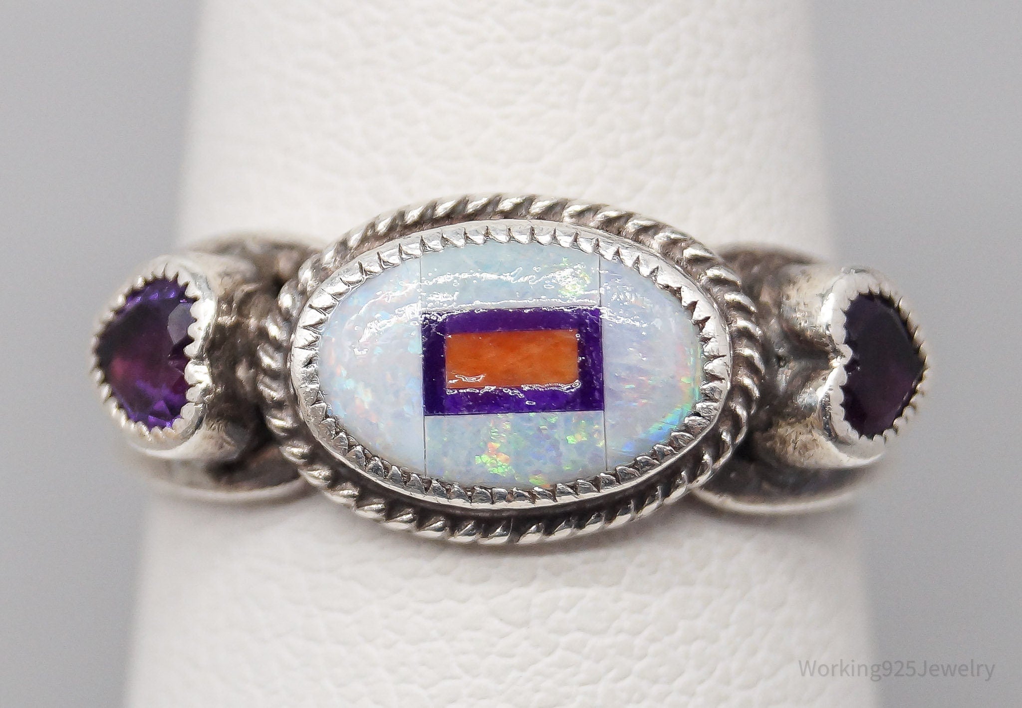 Vintage Native American Multi Gem Inlay Silver Ring - Size 6.75