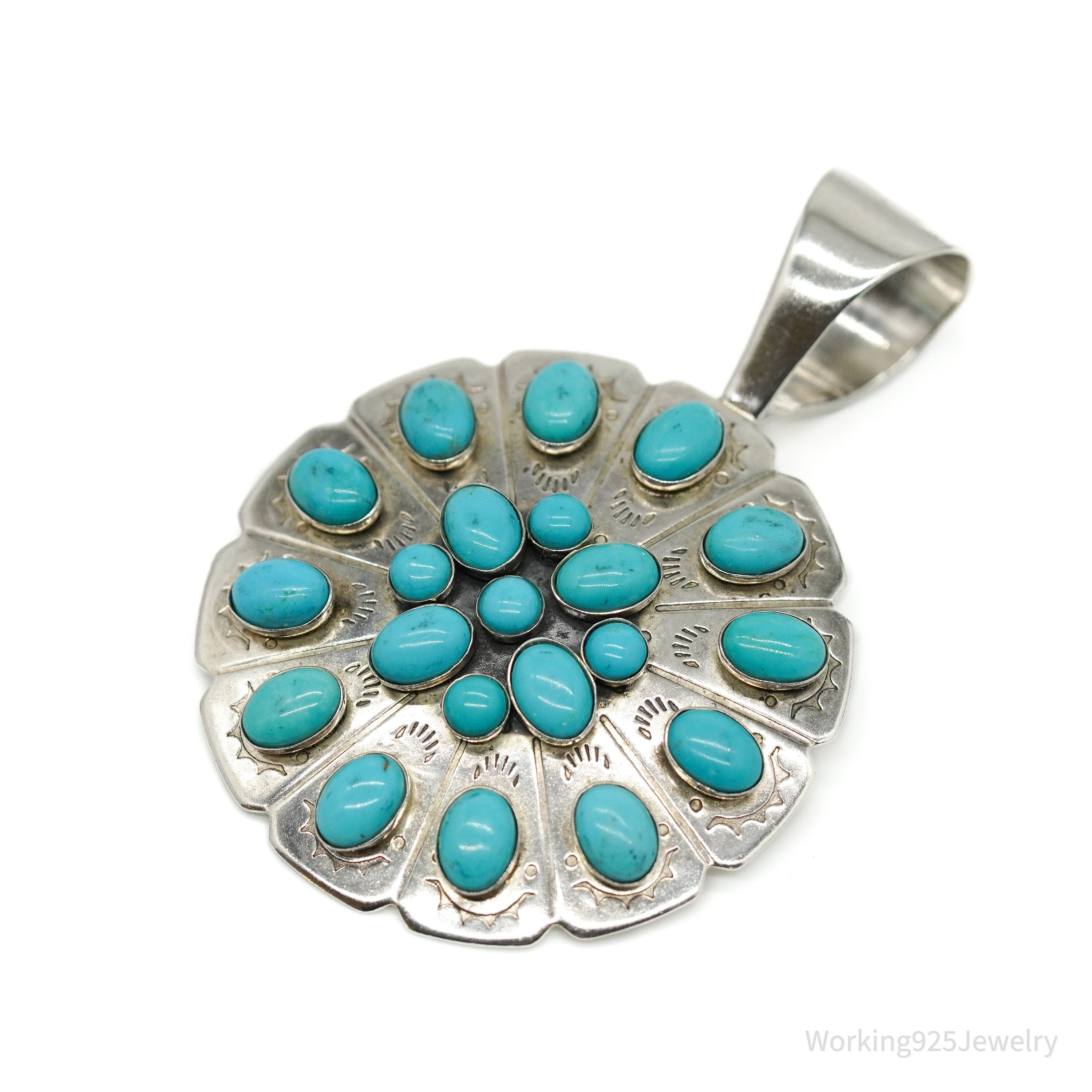 Vintage Southwest Desert Rose Trading Turquoise Sterling Silver Pendant 2.5"