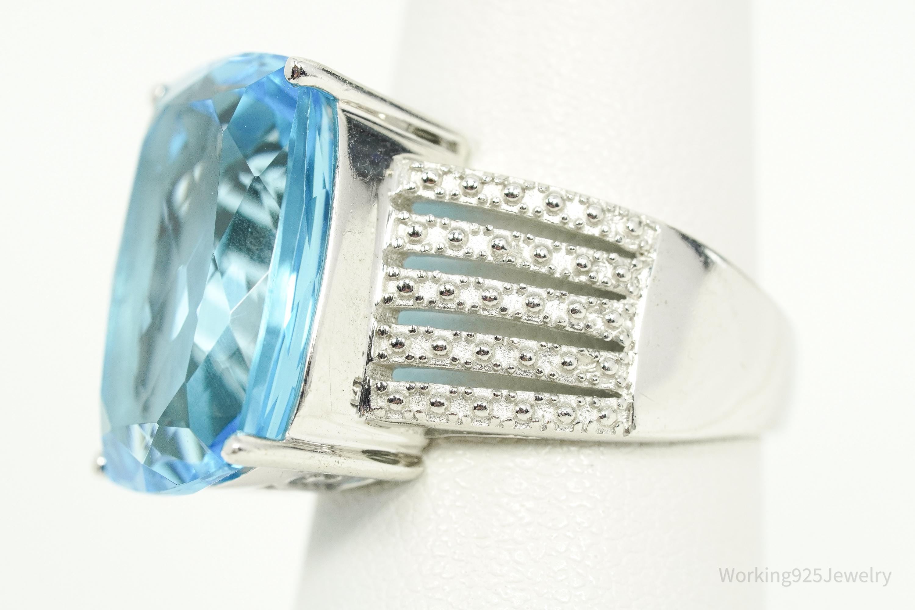 Vintage Large Blue Topaz Sterling Silver Ring - Size 7