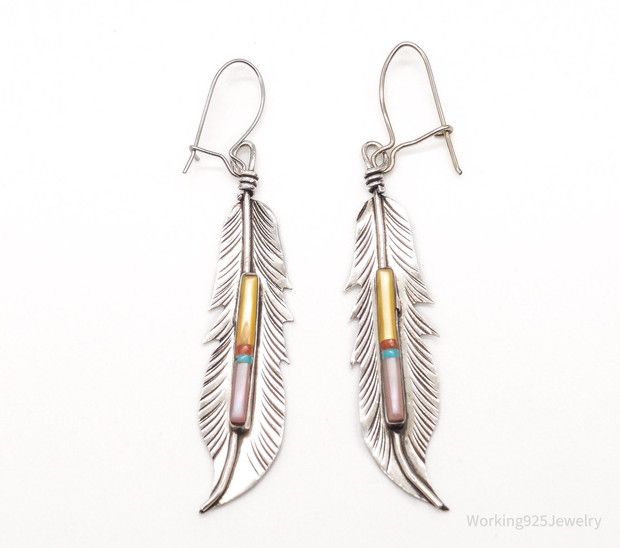 Vintage Native American Multi Gemstone Silver Feather Earrings